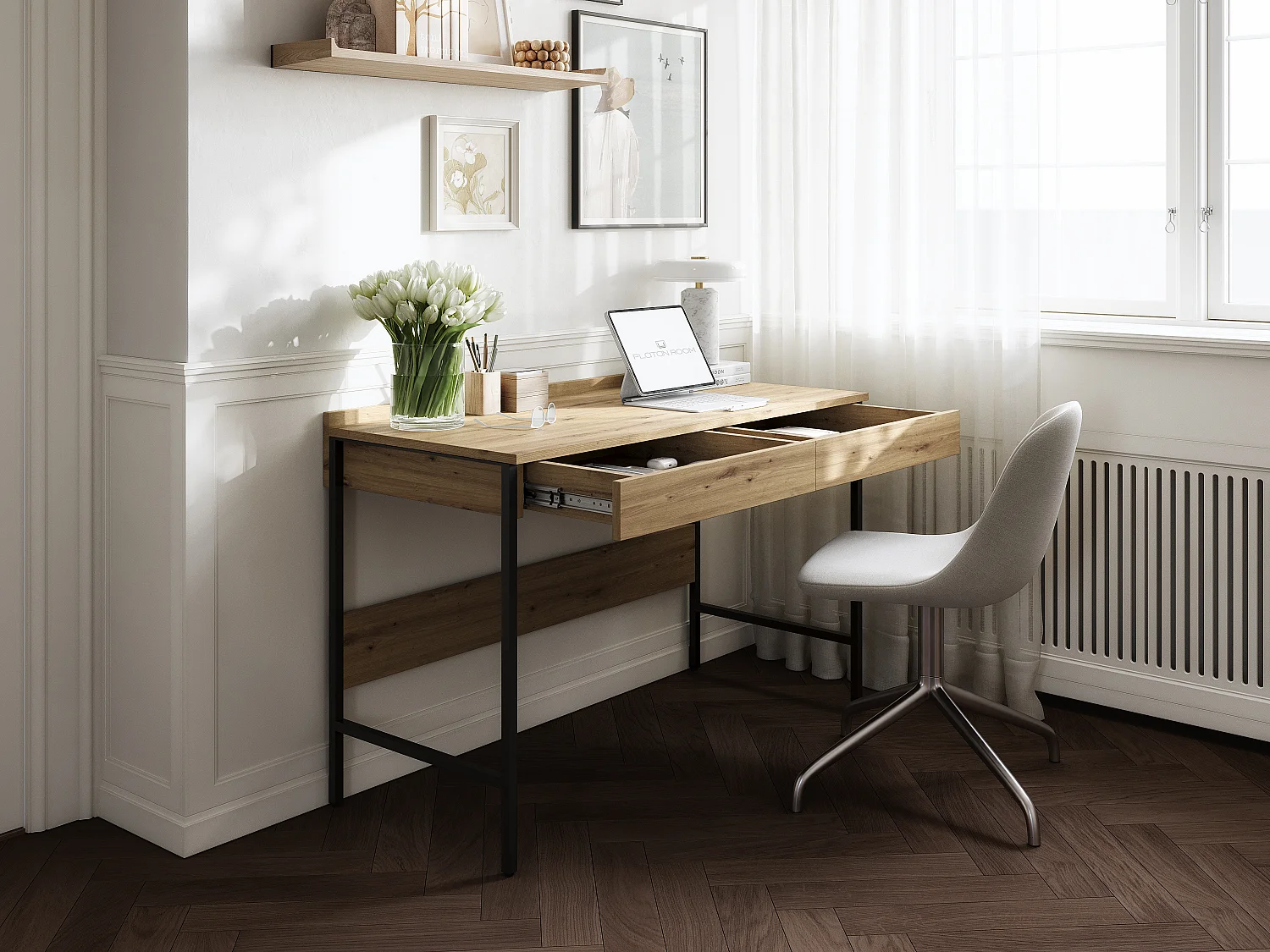 Bureau PORTO 90/120 x 55 – Style loft moderne avec tiroir – Pieds en métal – Chêne Artisan, Cachemire ou Anthracite – Design minimaliste sans poignées