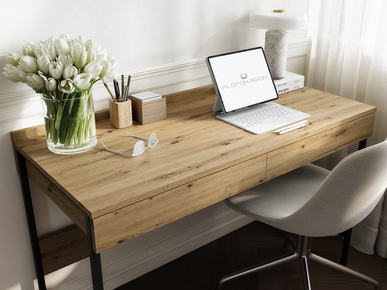 Bureau PORTO 90/120 x 55 – Style loft moderne avec tiroir – Pieds en métal – Chêne Artisan, Cachemire ou Anthracite – Design minimaliste sans poignées