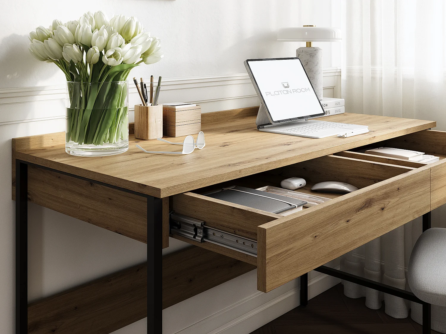 Bureau PORTO 90/120 x 55 – Style loft moderne avec tiroir – Pieds en métal – Chêne Artisan, Cachemire ou Anthracite – Design minimaliste sans poignées