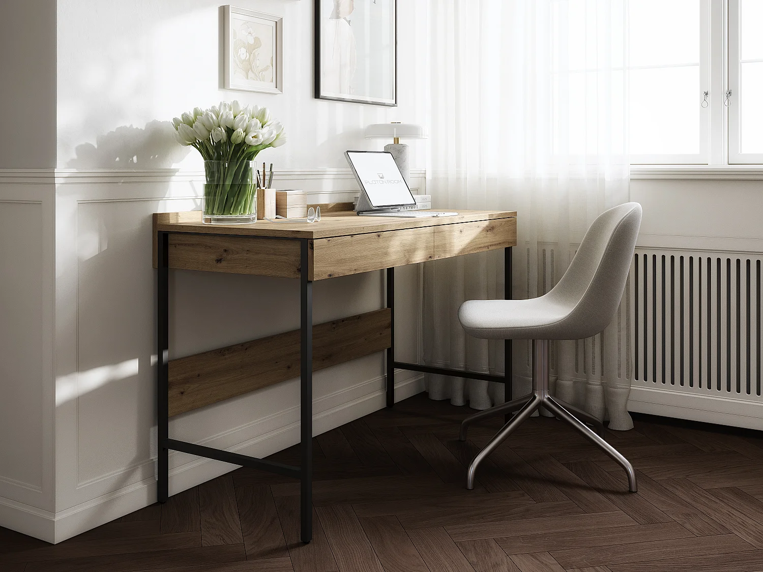 Bureau PORTO 90/120 x 55 – Style loft moderne avec tiroir – Pieds en métal – Chêne Artisan, Cachemire ou Anthracite – Design minimaliste sans poignées