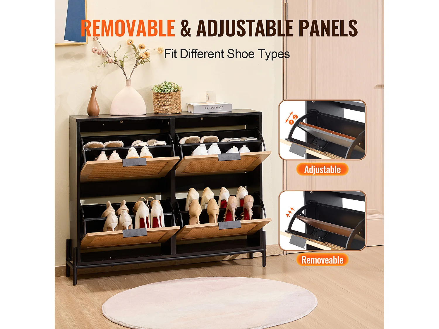 Scarpiera in Rattan SucceBuy, 4 Cassetti Ribaltabili, Colore Legno Chiaro