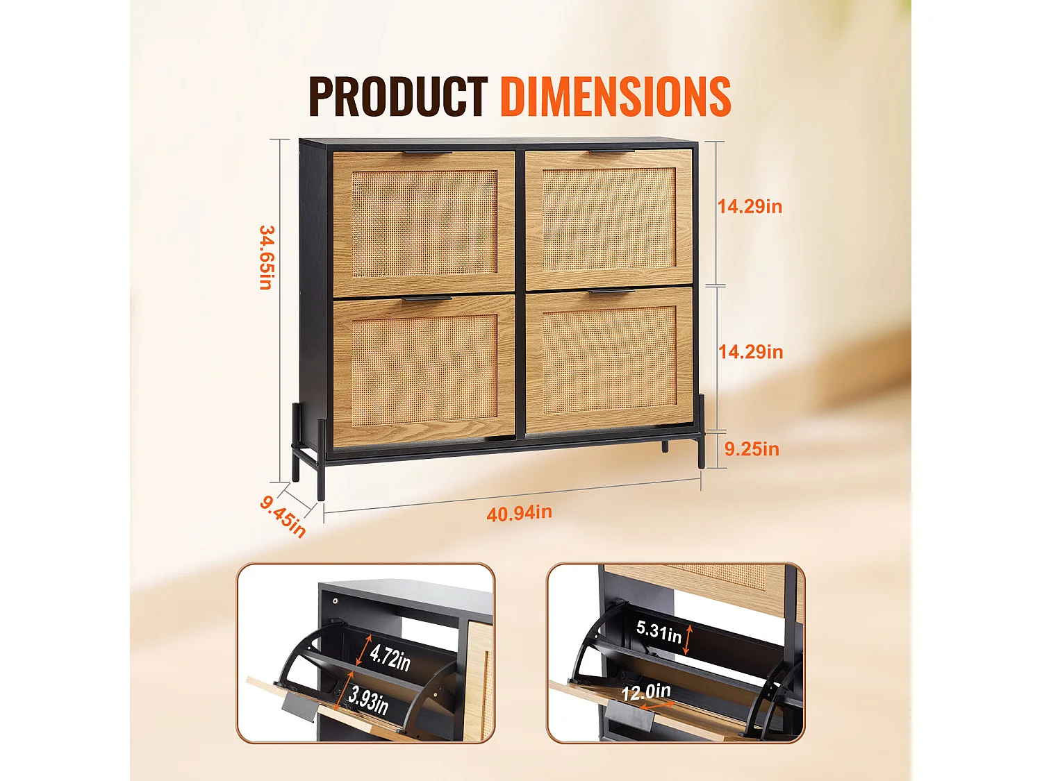 Scarpiera in Rattan SucceBuy, 4 Cassetti Ribaltabili, Colore Legno Chiaro