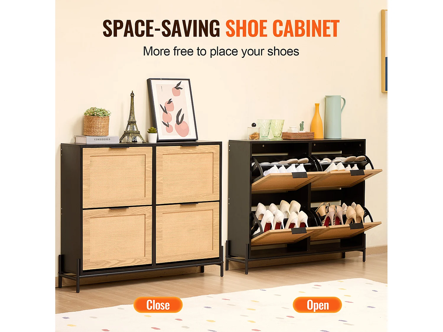 Scarpiera in Rattan SucceBuy, 4 Cassetti Ribaltabili, Colore Legno Chiaro