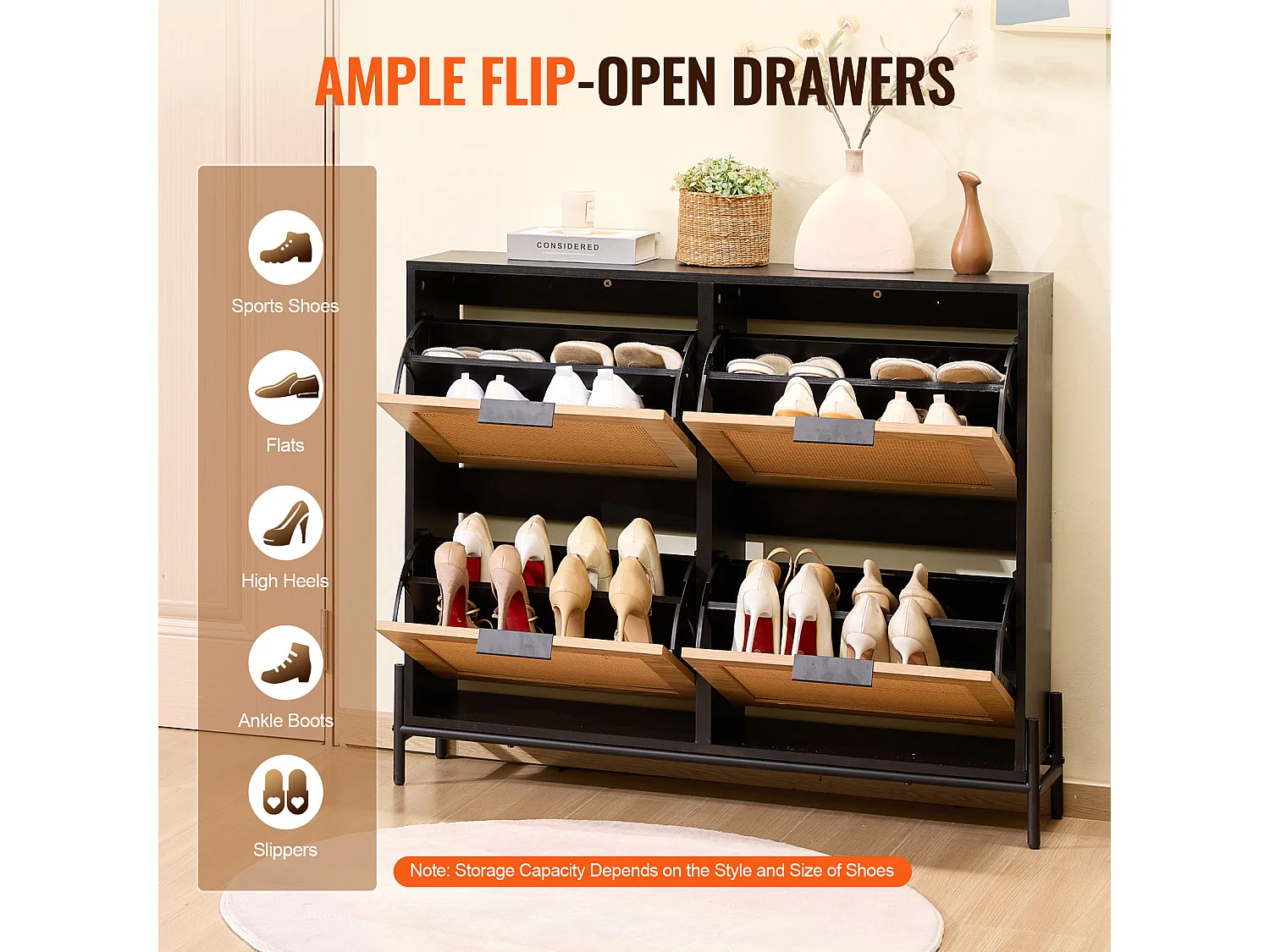 Scarpiera in Rattan SucceBuy, 4 Cassetti Ribaltabili, Colore Legno Chiaro