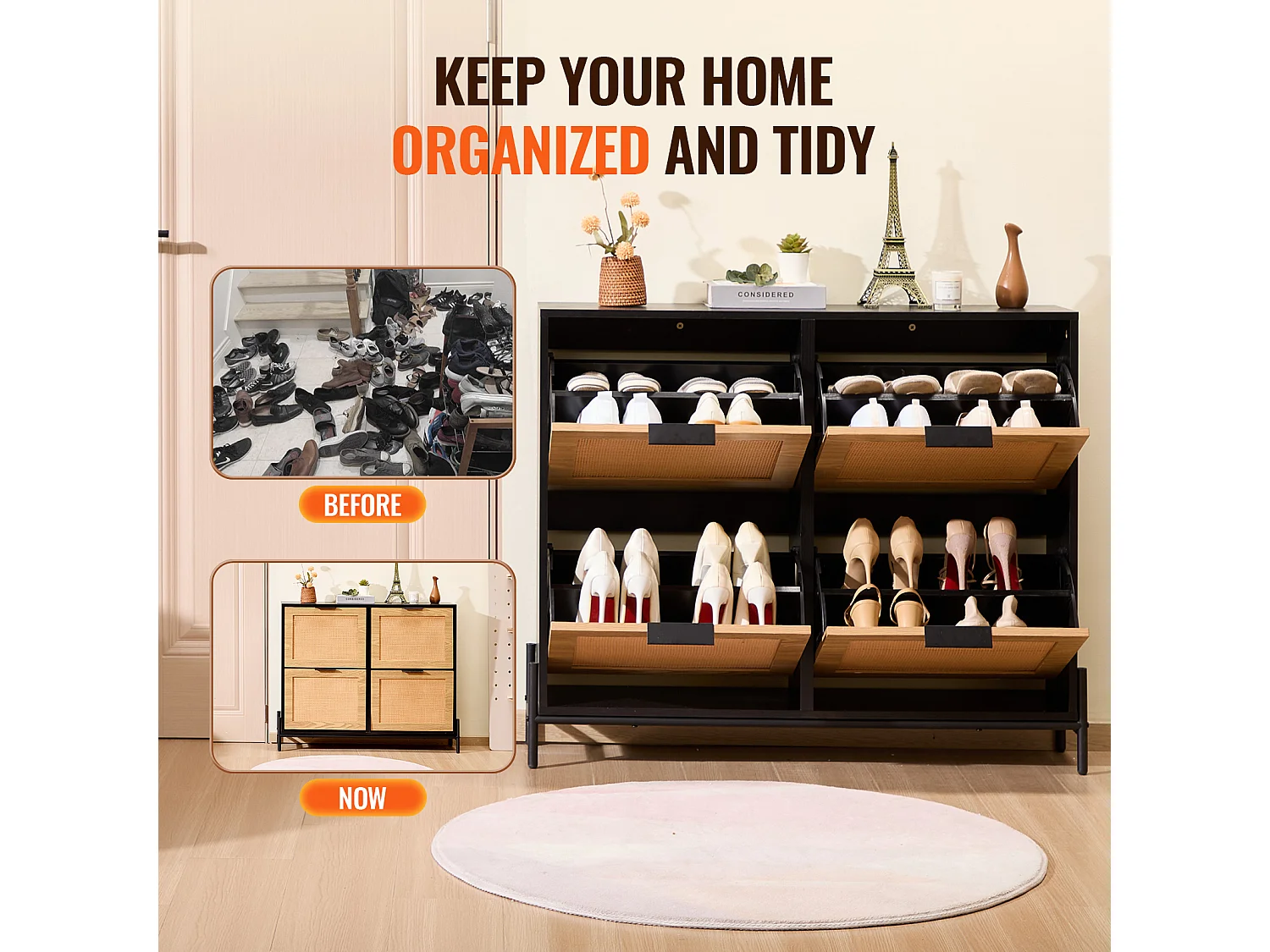 Scarpiera in Rattan SucceBuy, 4 Cassetti Ribaltabili, Colore Legno Chiaro