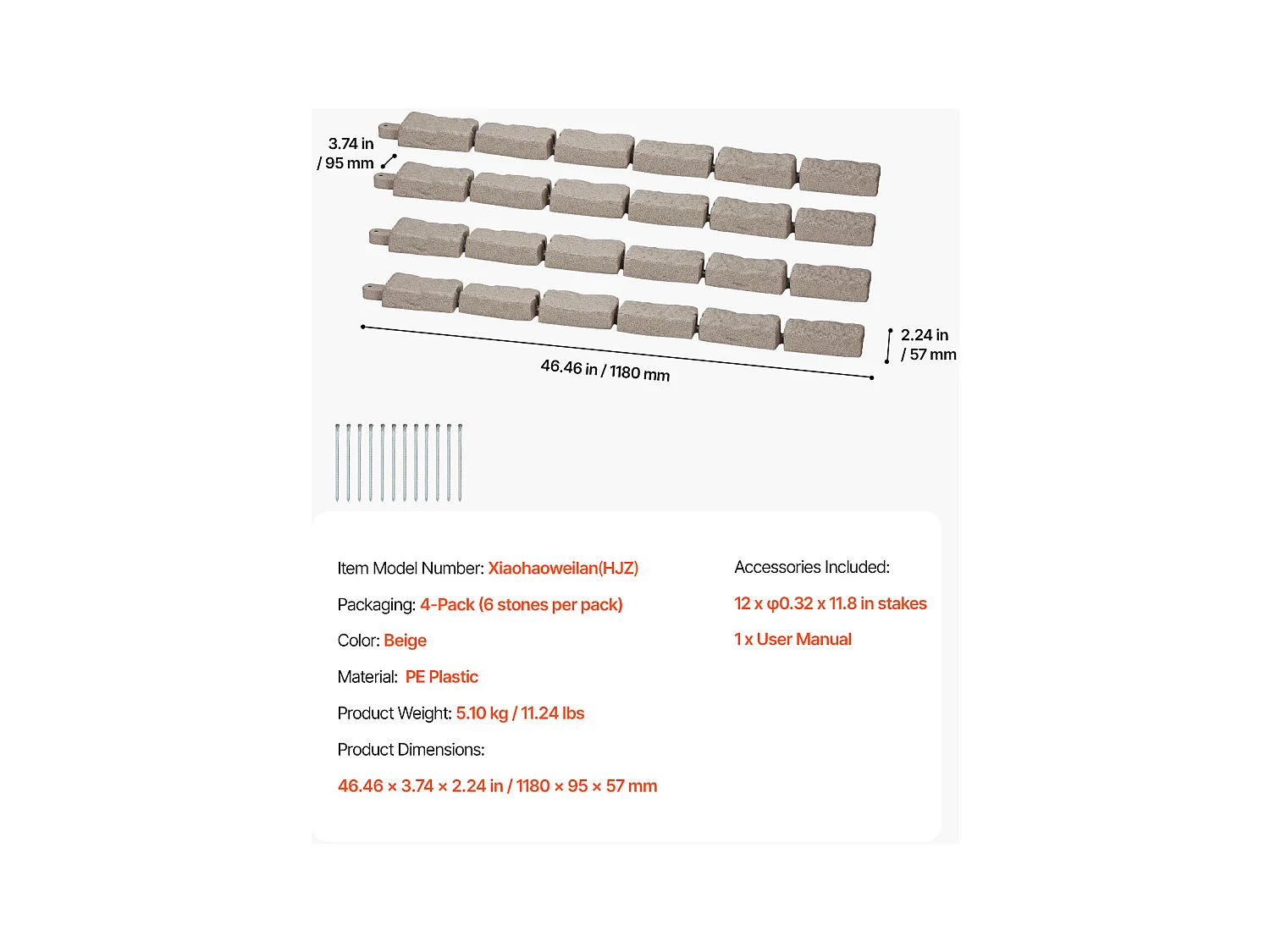 Bordures à Planter SucceBuy Bordure de Jardin en Pierre Artificielle, 1180 x 95 x 57 mm, Bordure de Pelouse Réaliste, Design Modulaire, Taille Brique