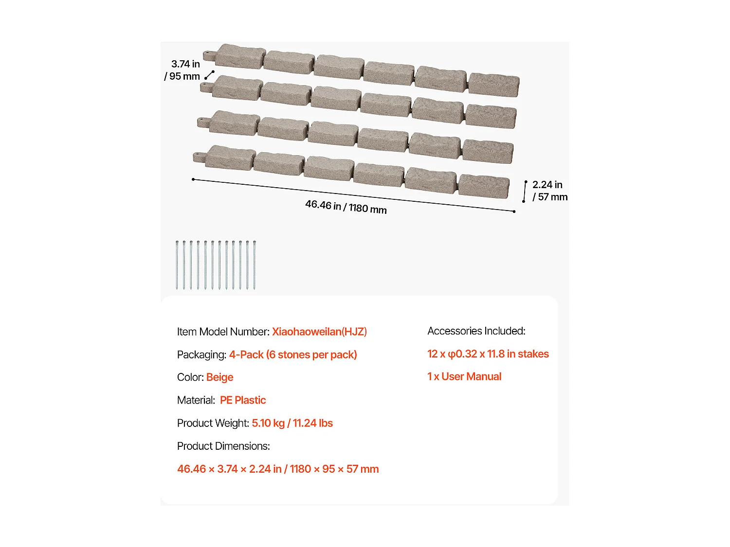 Randen om te Planten SucceBuy Kunstmatige Stenen Tuinrand, 1180 × 95 × 57 mm, Realistische Gazonrand, Modulair Ontwerp, Baksteenformaat, Nettogewicht 6 kg