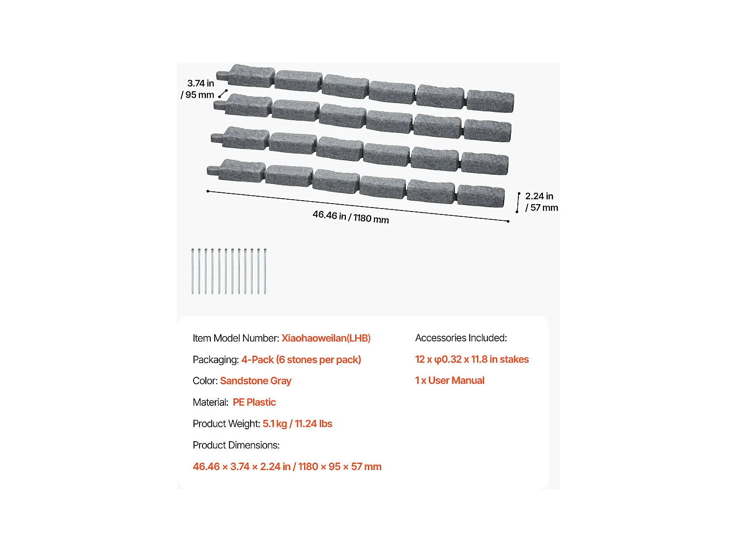 Bordures à Planter SucceBuy Bordure de Jardin Imitation Pierre 1180 x 95 x 57 mm Gris