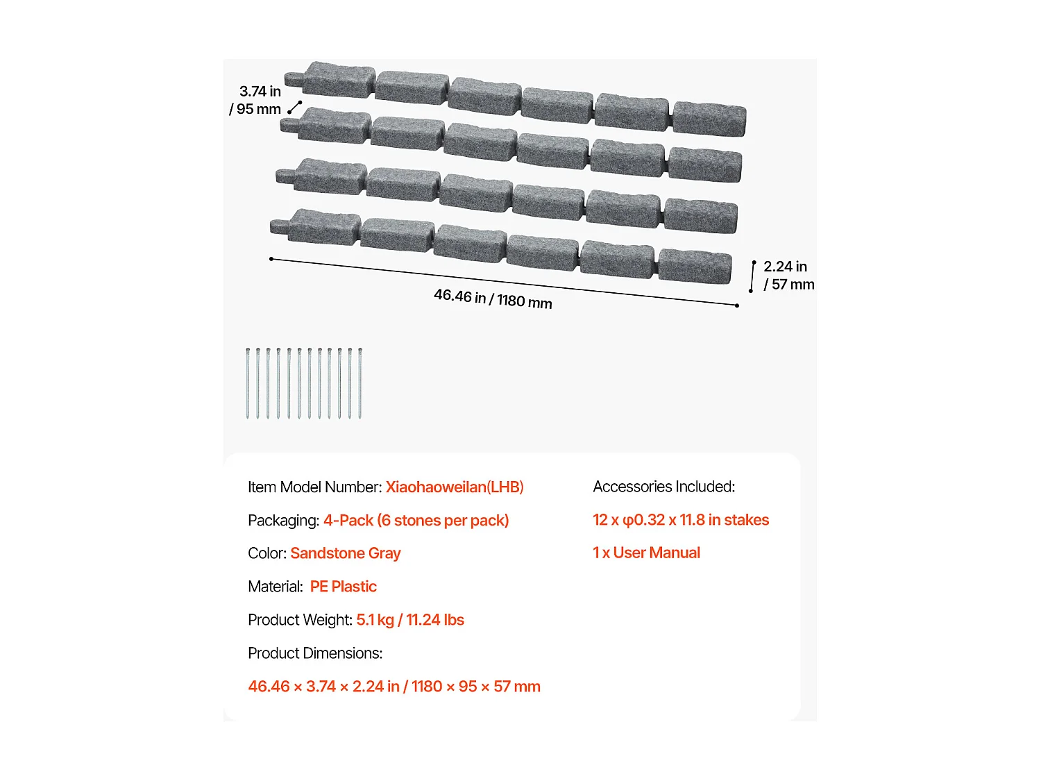 Bordures à Planter SucceBuy Bordure de Jardin Imitation Pierre 1180 x 95 x 57 mm Gris