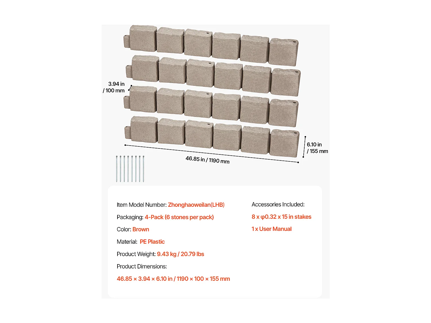 Fronteiras para Plantar SucceBuy Orla de Jardim com Imitação de Pedra Natural 1190 x 100 x 155 mm Castanho