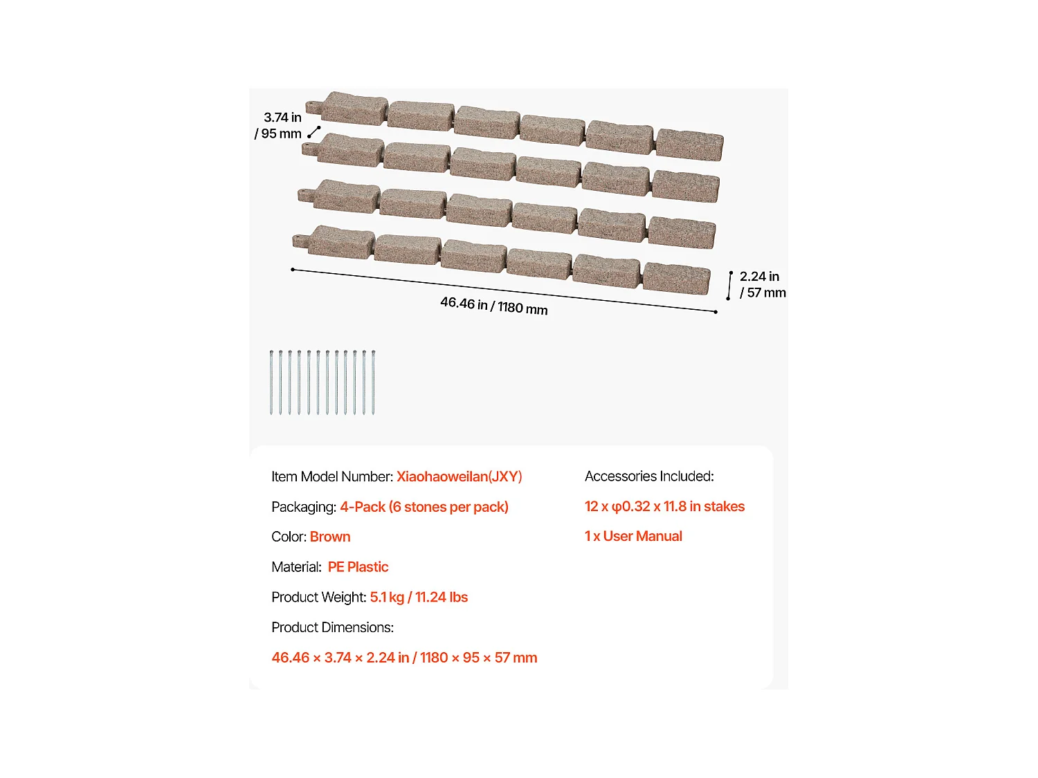 Bordures à Planter SucceBuy Bordure de Jardin Pelouse en Pierre Synthétique 1180 x 95 x 57 mm Marron