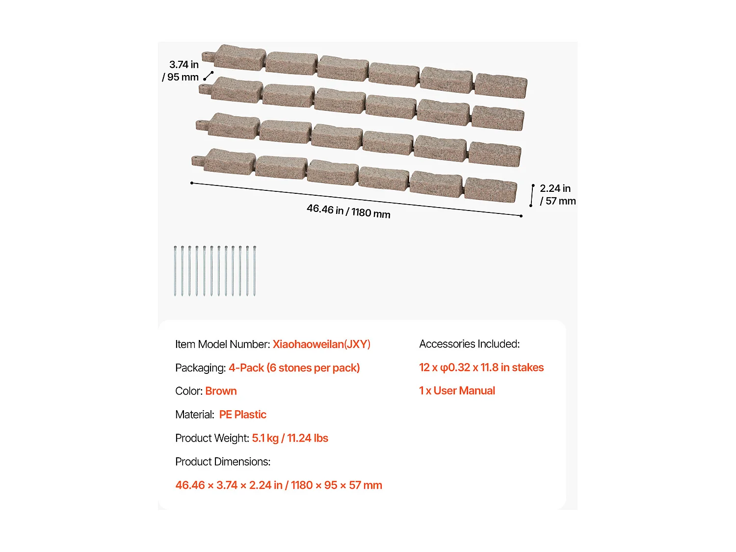 Bordures à Planter SucceBuy Bordure de Jardin Pelouse en Pierre Synthétique 1180 x 95 x 57 mm Marron