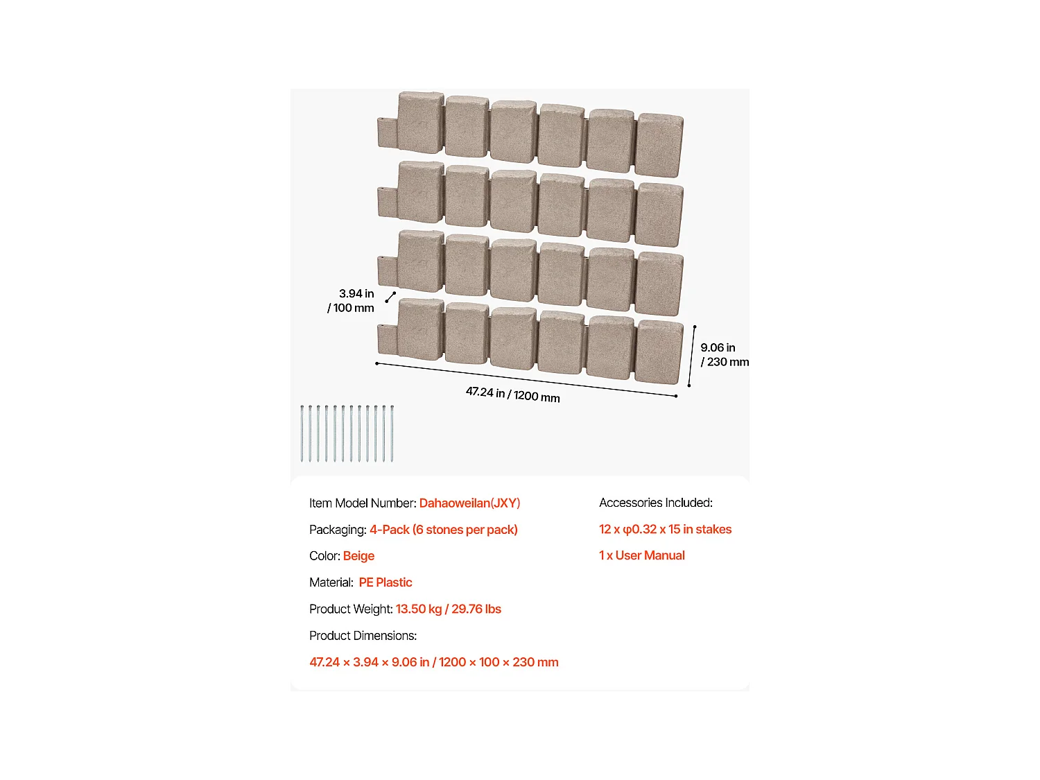 Bordures à Planter SucceBuy Bordure de Jardin Imitation Pierre Naturelle 1200 x 100 x 230 mm