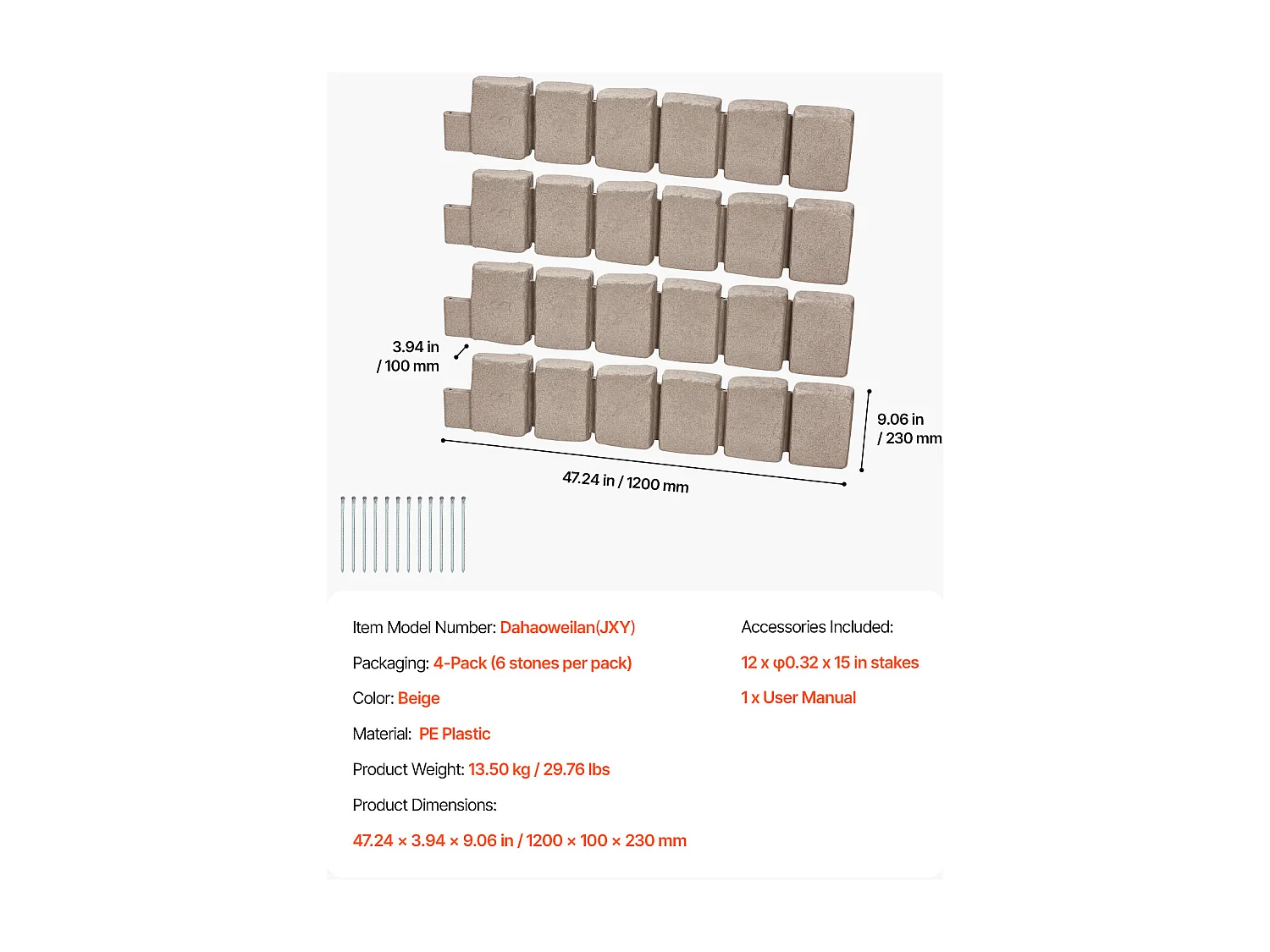 Bordures à Planter SucceBuy Bordure de Jardin Imitation Pierre Naturelle 1200 x 100 x 230 mm
