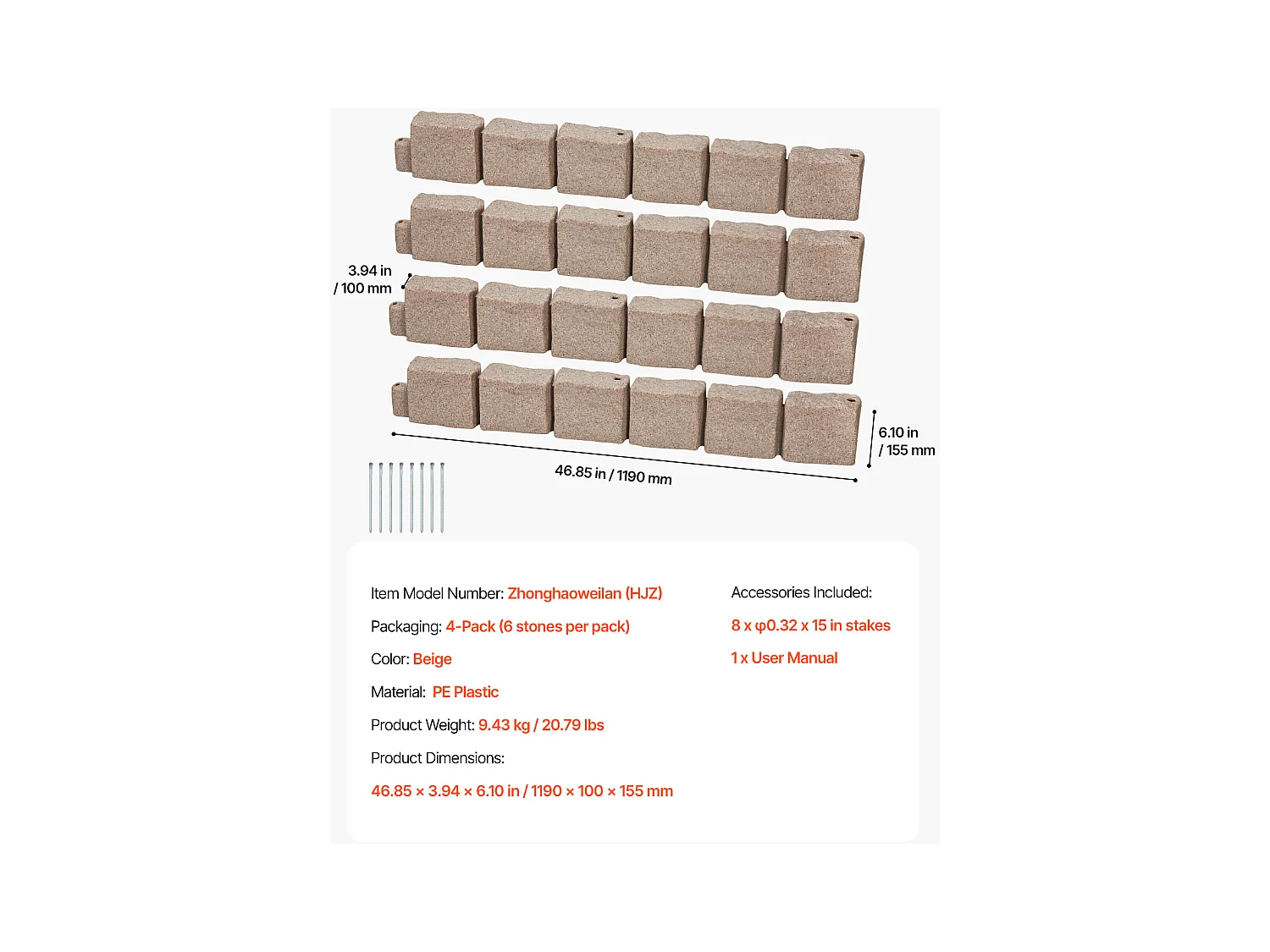 Bordures à Planter SucceBuy Bordure de Jardin en Pierre Synthétique 1190 x 100 x 155 mm