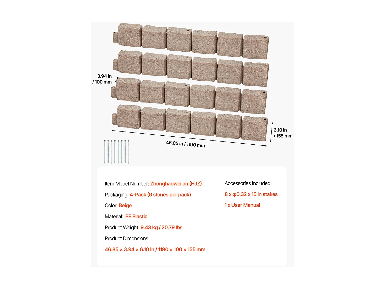 Bordures à Planter SucceBuy Bordure de Jardin en Pierre Synthétique 1190 x 100 x 155 mm