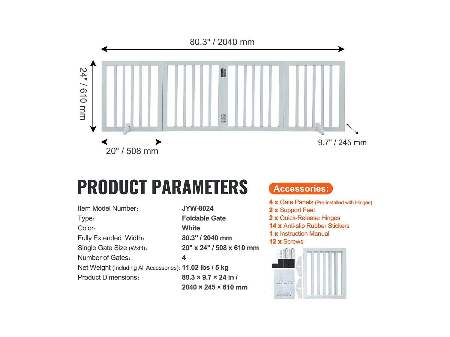 Barrière de Sécurité SucceBuy 61x 204 cm Porte pour Chien Pliable et Autoportante, Barrière pour Animaux de Compagnie, Blanche