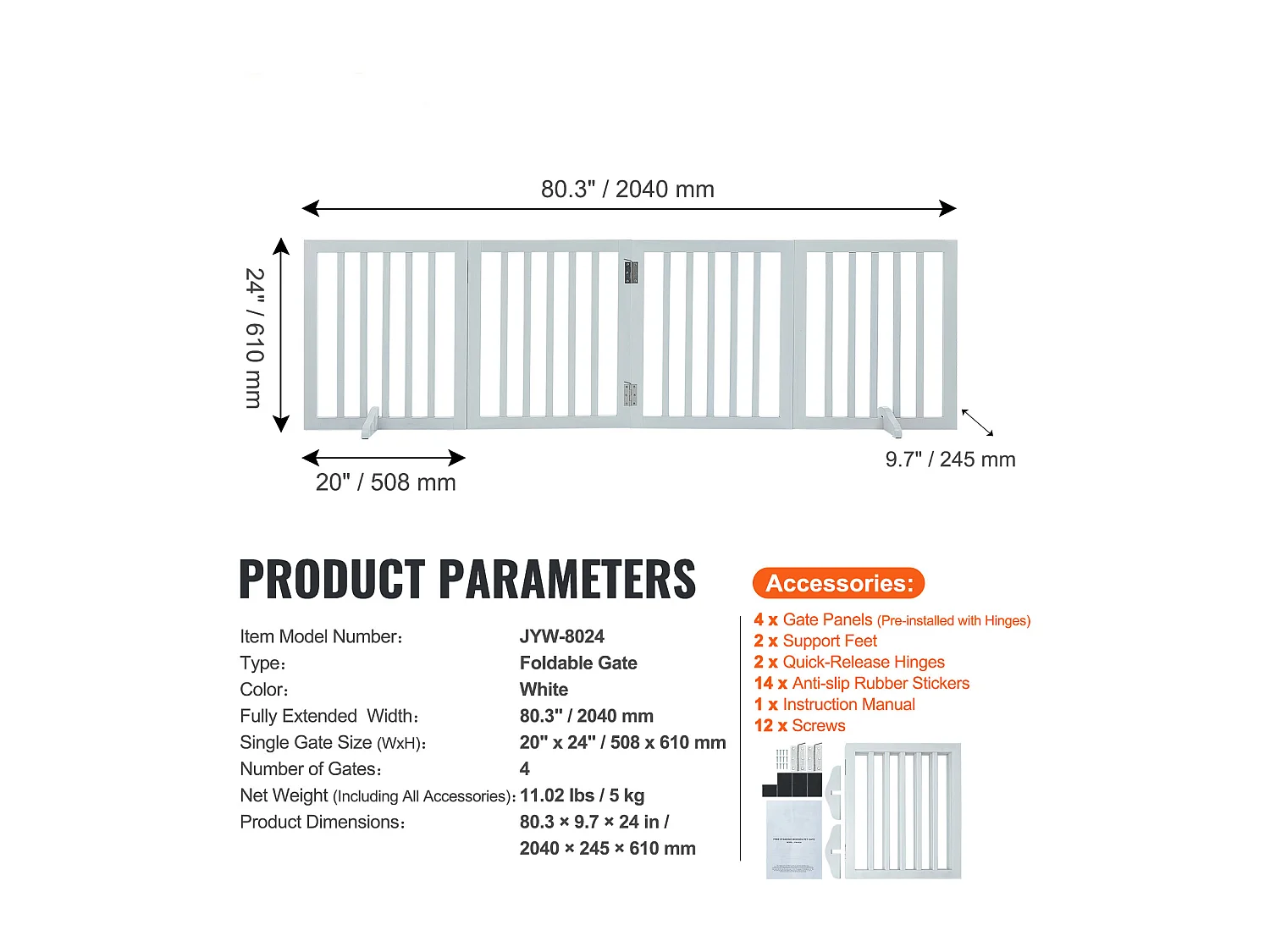 Barrière de Sécurité SucceBuy 61x 204 cm Porte pour Chien Pliable et Autoportante, Barrière pour Animaux de Compagnie, Blanche