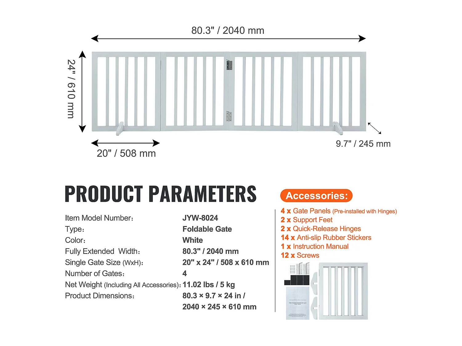 Barrière de Sécurité SucceBuy 61x 204 cm Porte pour Chien Pliable et Autoportante, Barrière pour Animaux de Compagnie, Blanche