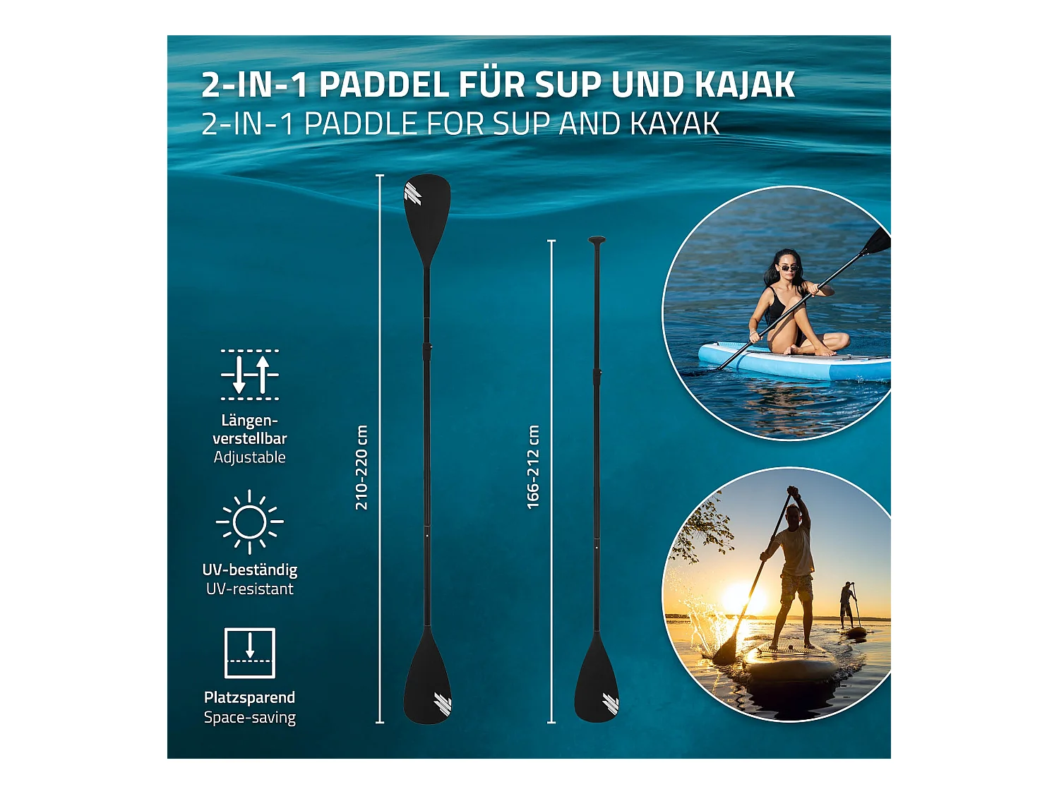 ECD Germany Pagaia 2 in 1 per canoa in 4 pezzi paletta telescopica in alluminio per SUP remo doppio regolabile in lunghezza accessori per stand up