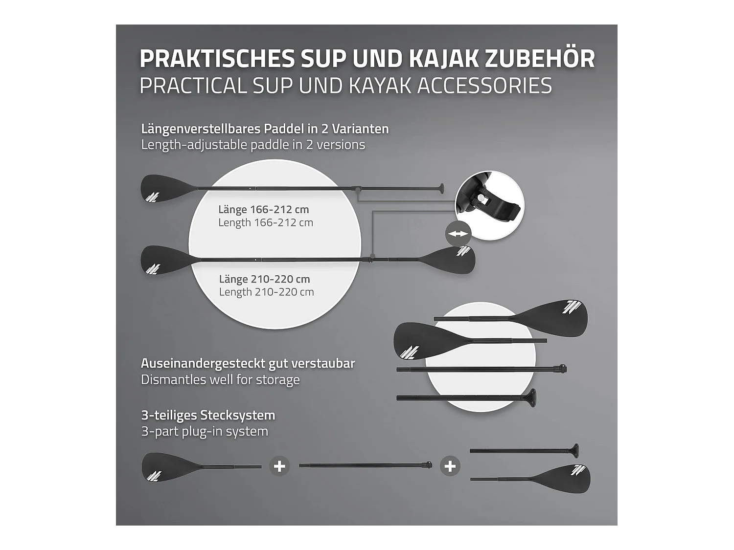 ECD Germany Pagaia 2 in 1 per canoa in 4 pezzi paletta telescopica in alluminio per SUP remo doppio regolabile in lunghezza accessori per stand up