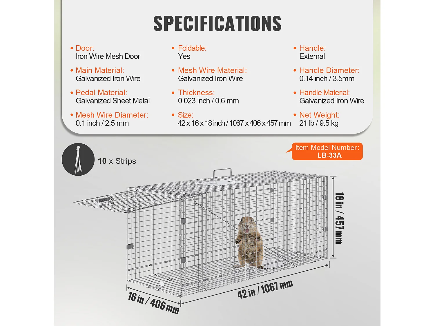 Piège à Cage pour Animaux Vivants SucceBuy 1067 x 406 x 457 mm Sans Cruauté pour Chats, écureuils