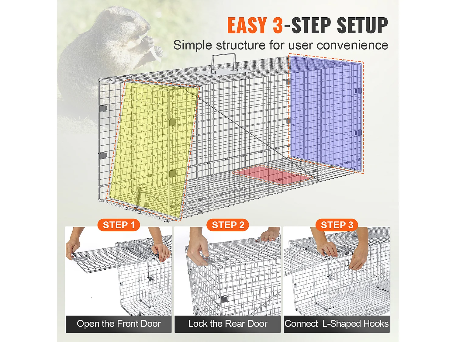 Piège à Cage pour Animaux Vivants SucceBuy 1067 x 406 x 457 mm Sans Cruauté pour Chats, écureuils