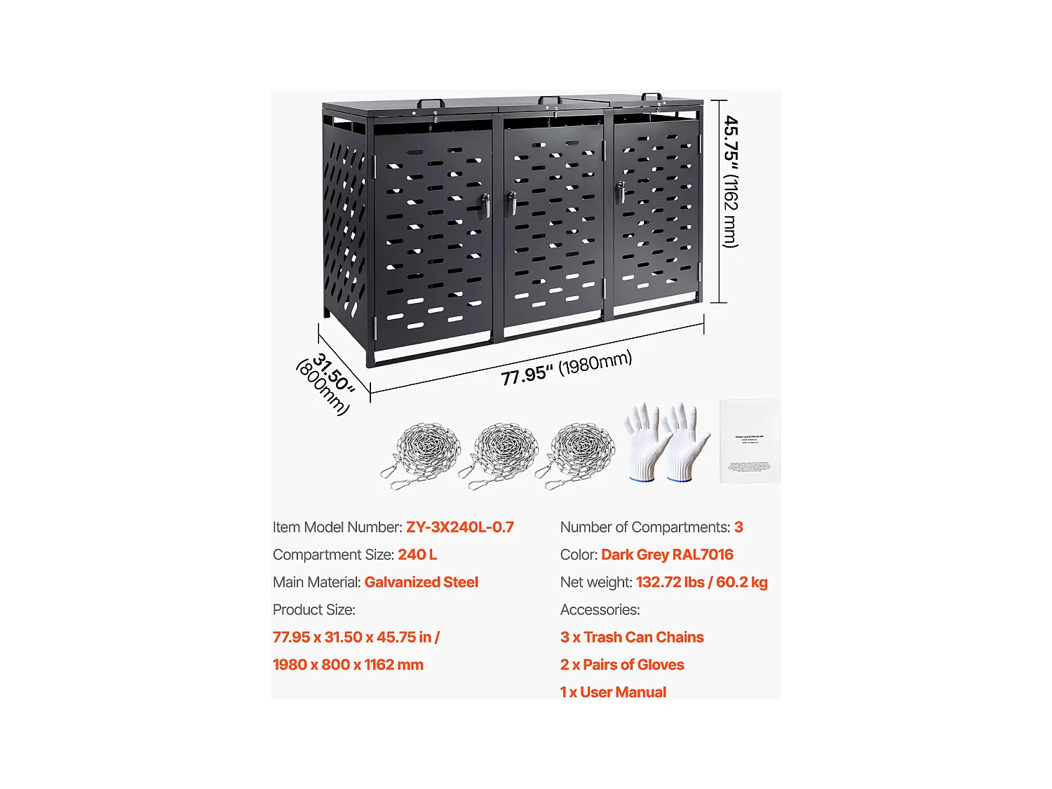 Cache poubelle, Abri de Rangement pour Poubelles SucceBuy, 3 x 240 L, avec Couvercle à Chaîne