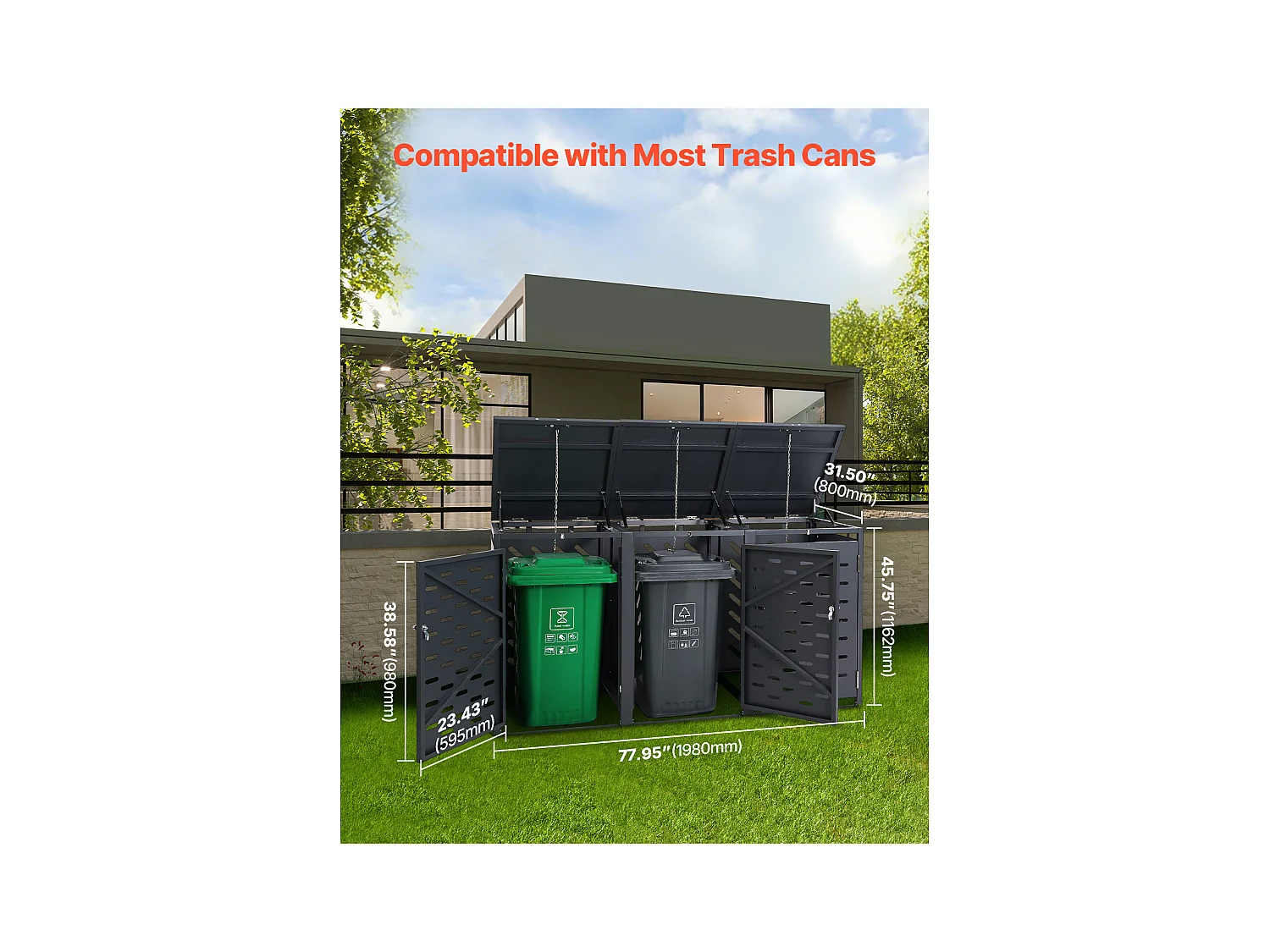 Cache poubelle, Abri de Rangement pour Poubelles SucceBuy, 3 x 240 L, avec Couvercle à Chaîne