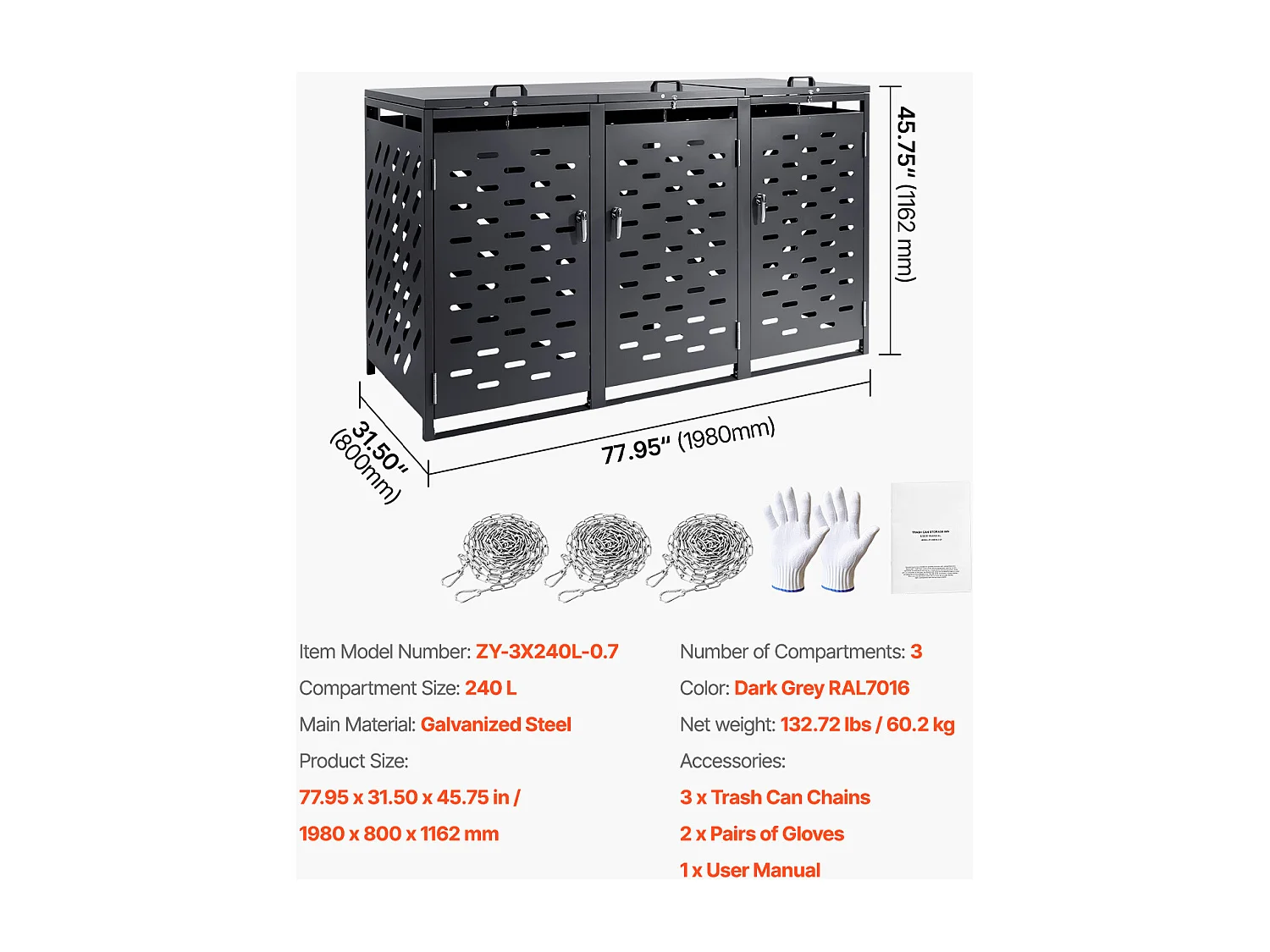 Cache poubelle, Abri de Rangement pour Poubelles SucceBuy, 3 x 240 L, avec Couvercle à Chaîne