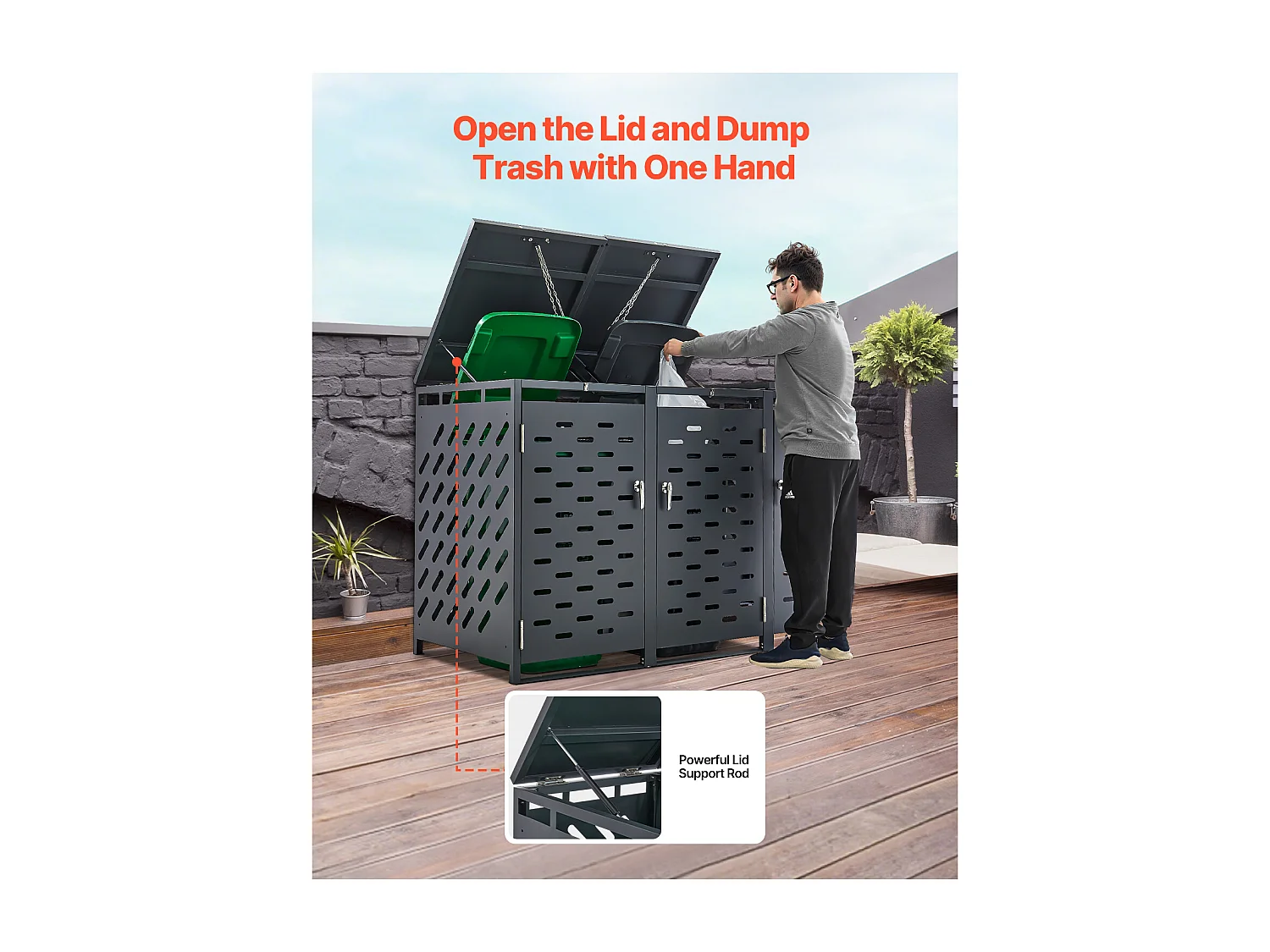 Cache poubelle, Abri de Rangement pour Poubelles SucceBuy, 3 x 240 L, avec Couvercle à Chaîne