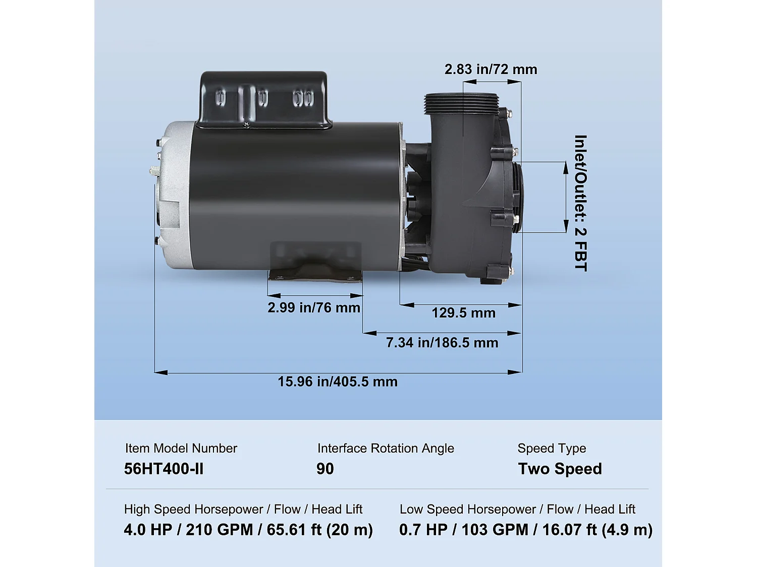Pompe de Spa SucceBuy à 2 Vitesses 56 Cadres Pompe de Spa 1900 W 43 m³/h ou 450 W 21,5 m³/h