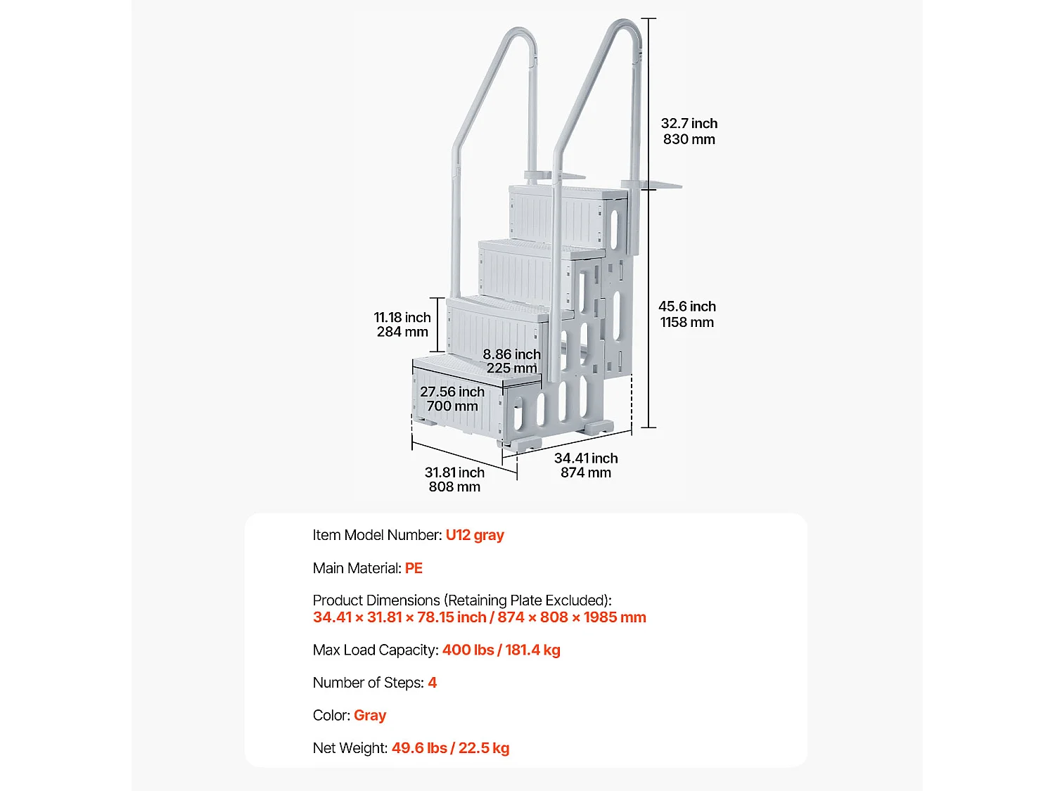 Échelle de Piscine SucceBuy à 4 Marches, Grise, 2 Rampes, Capacité de 181.4kg pour Piscine de 122-137 cm