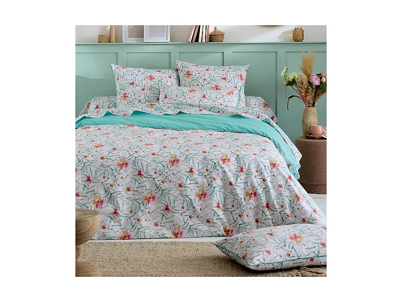 Parure 140x200 cm 65x65 percale de coton ROXANE multicolore 2 pièces