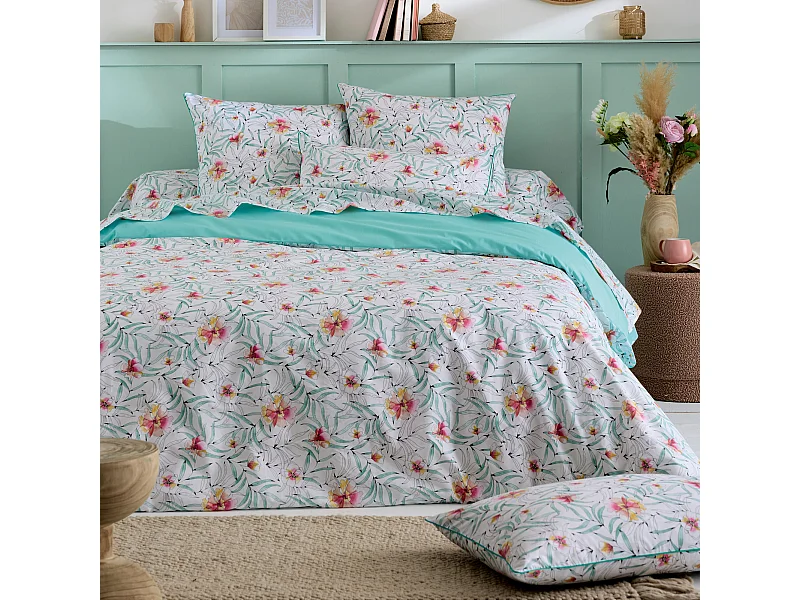 Parure 140x200 cm 65x65 percale de coton ROXANE multicolore 2 pièces