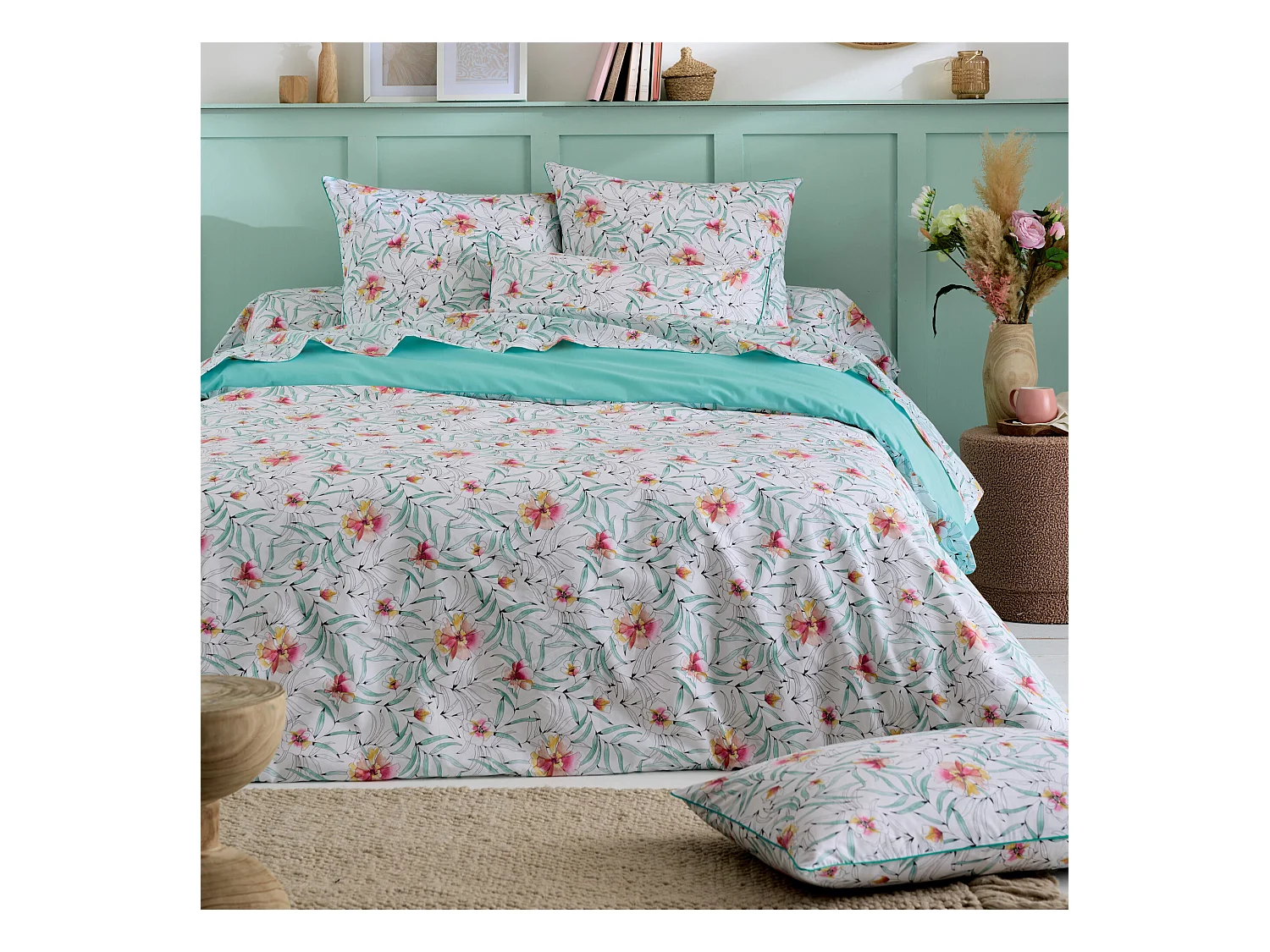 Parure 300x240 cm 65x65 percale de coton ROXANE multicolore 3 pièces