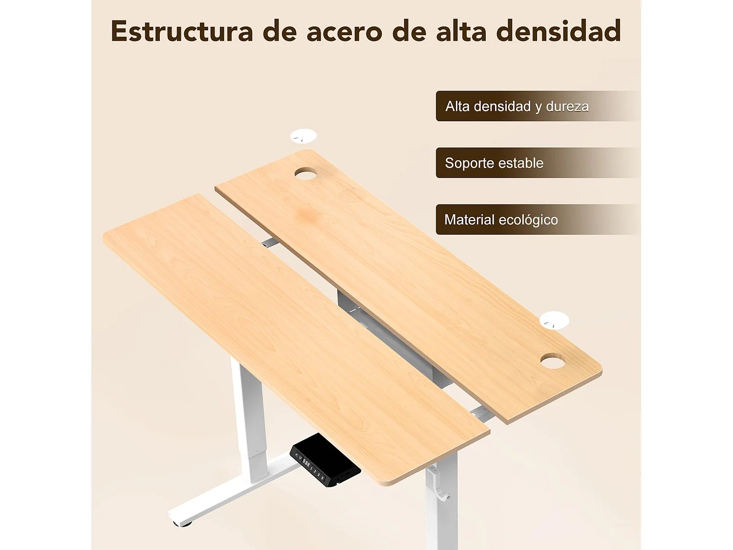 Escritorio eléctrico de pie y sentado 140x70 cm – Altura ajustable – Memoria y sistema anti-colisión – Puertos USB-A y Tipo-C – Color madera natural
