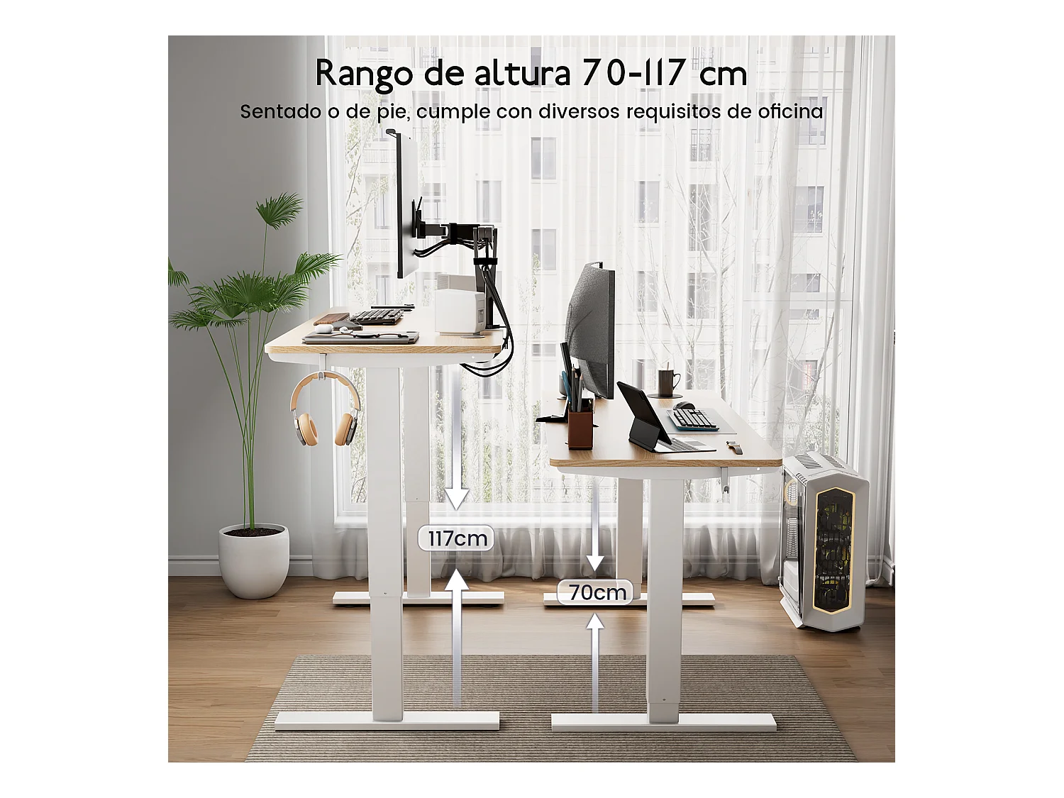 Escritorio eléctrico ajustable HOMAVO 140x60 cm – Función memoria y anti-colisión – Ideal para teletrabajo – Color madera natural