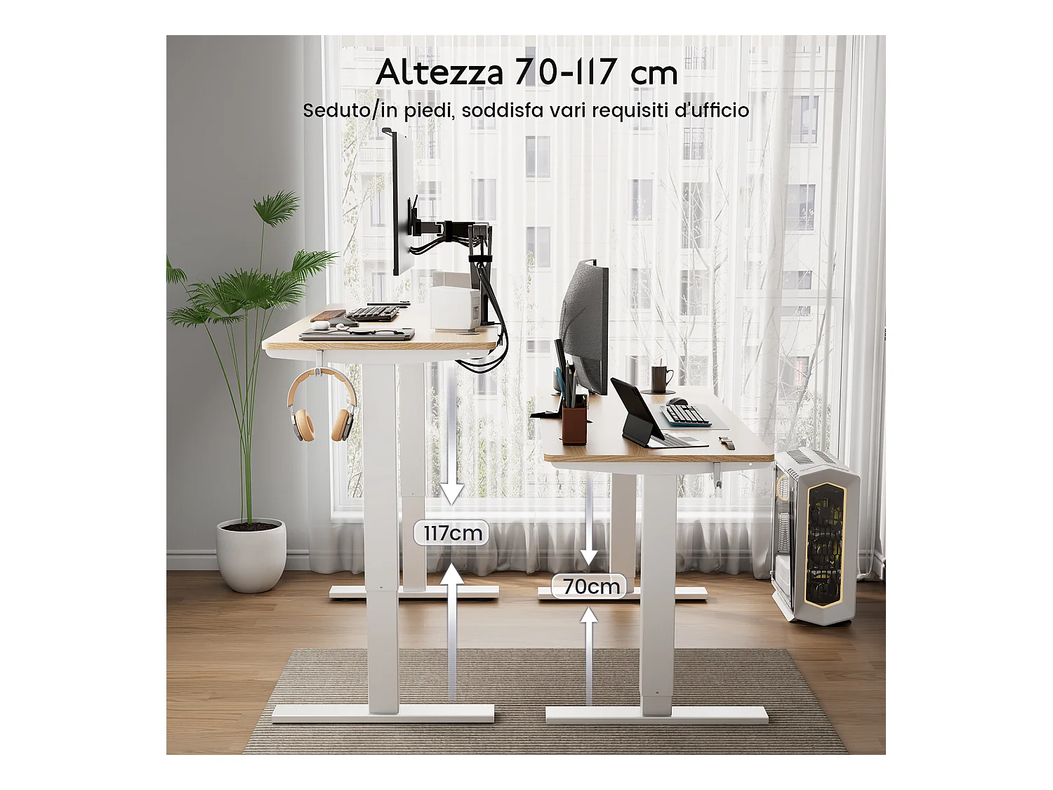 Scrivania elettrica regolabile HOMAVO 110x60 cm – Funzione memoria e anti-collisione – Ideale per il telelavoro – Colore legno naturale