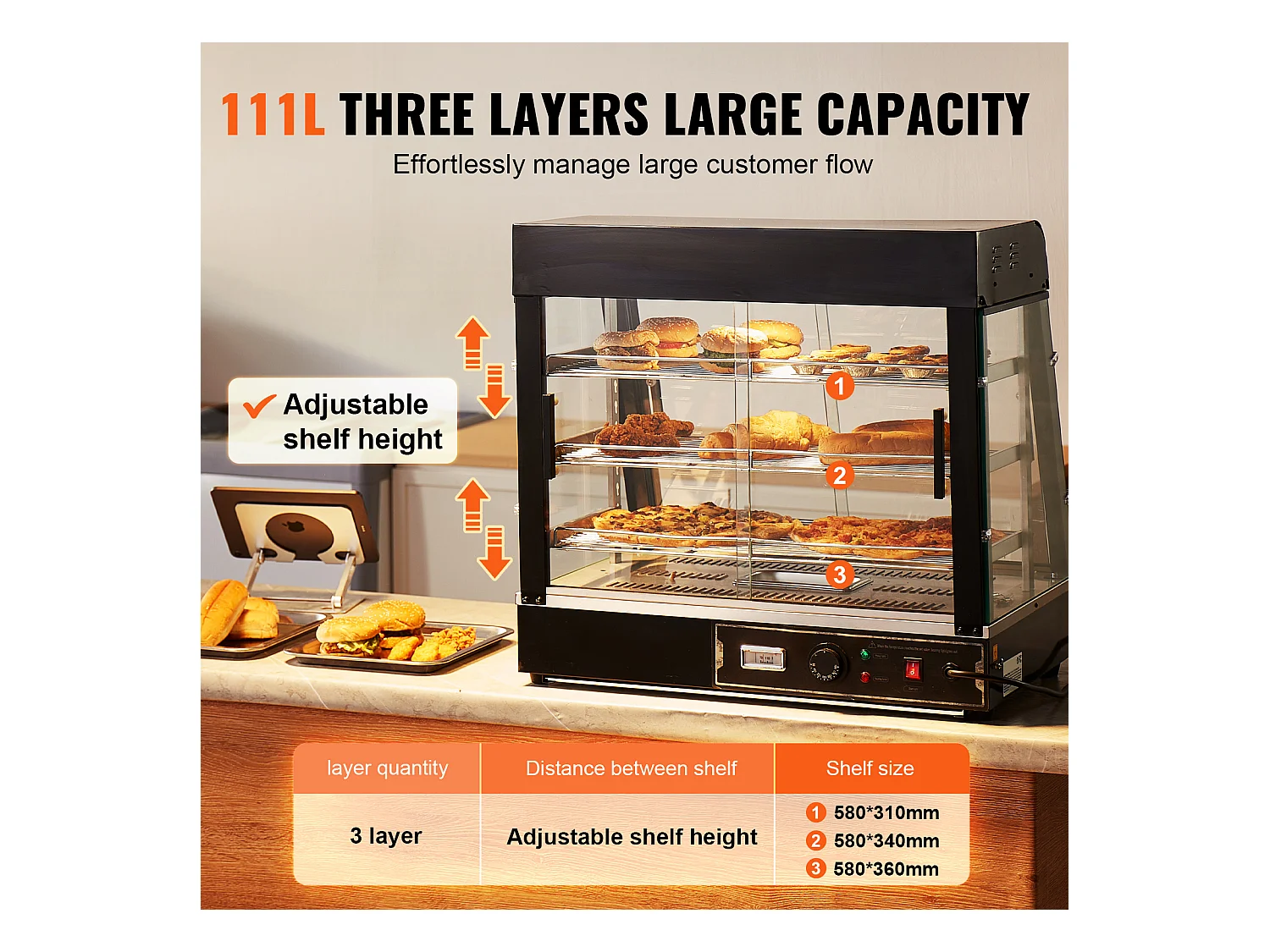 Vitrine Chauffante SucceBuy, Armoire à Pizza Commerciale à 3 Niveaux, pour Réchauffeur de Nourriture avec Lumière