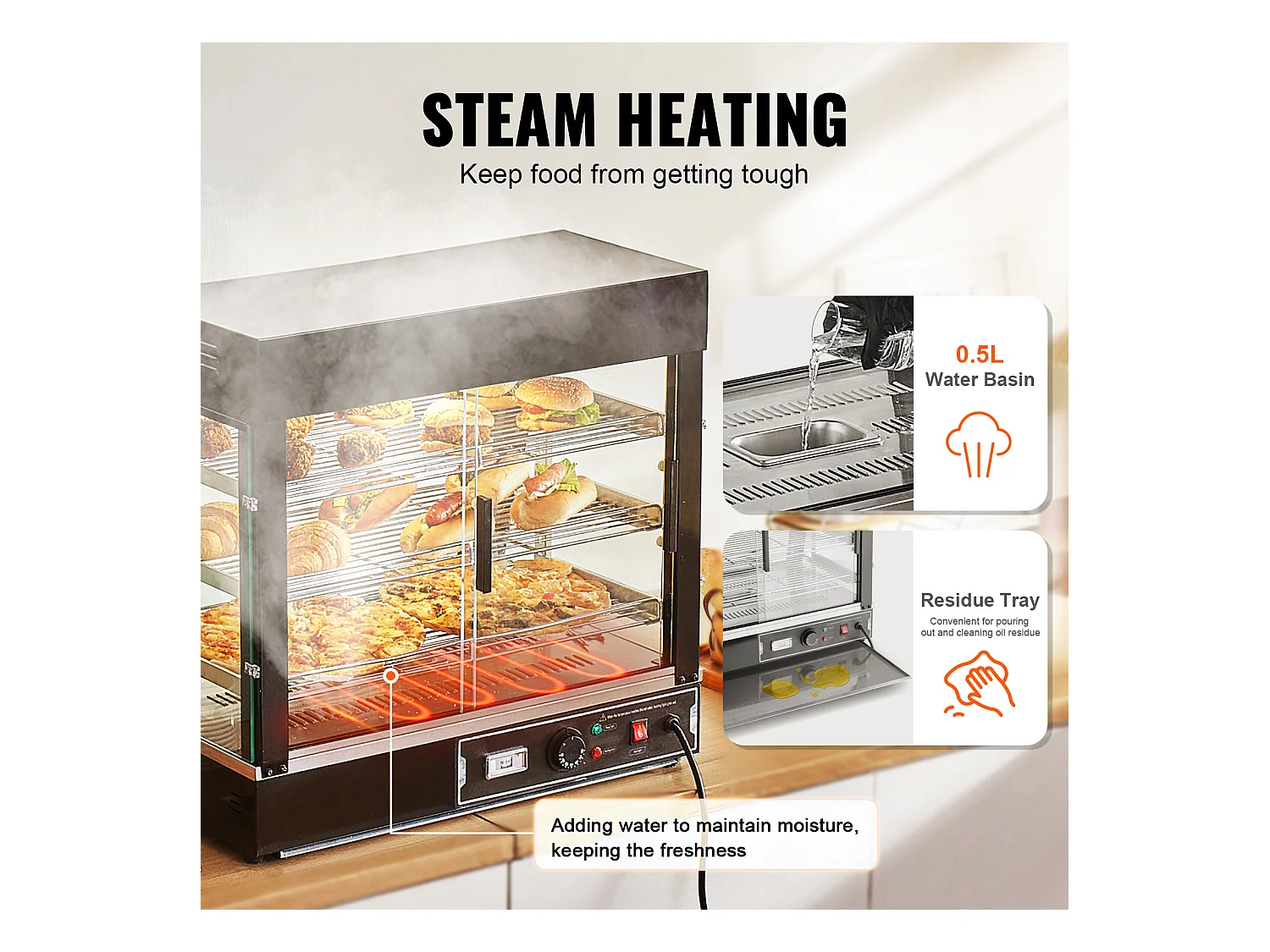 Vitrine Chauffante SucceBuy, Armoire à Pizza Commerciale à 3 Niveaux, pour Réchauffeur de Nourriture avec Lumière