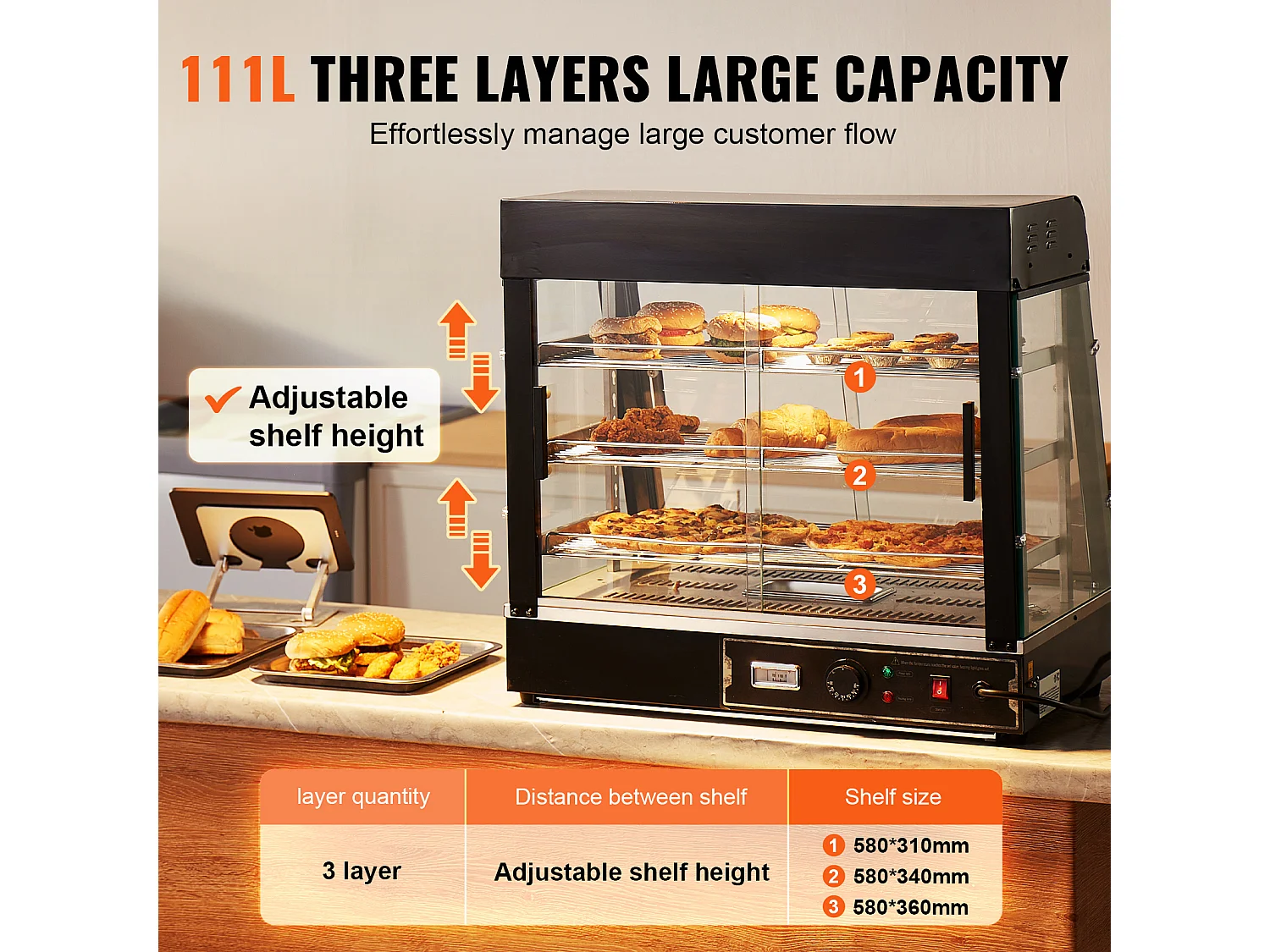 Verwarmde Vitrine SucceBuy, 3-lags Zakelijke Pizzakast, voor Voedselverwarming met Licht