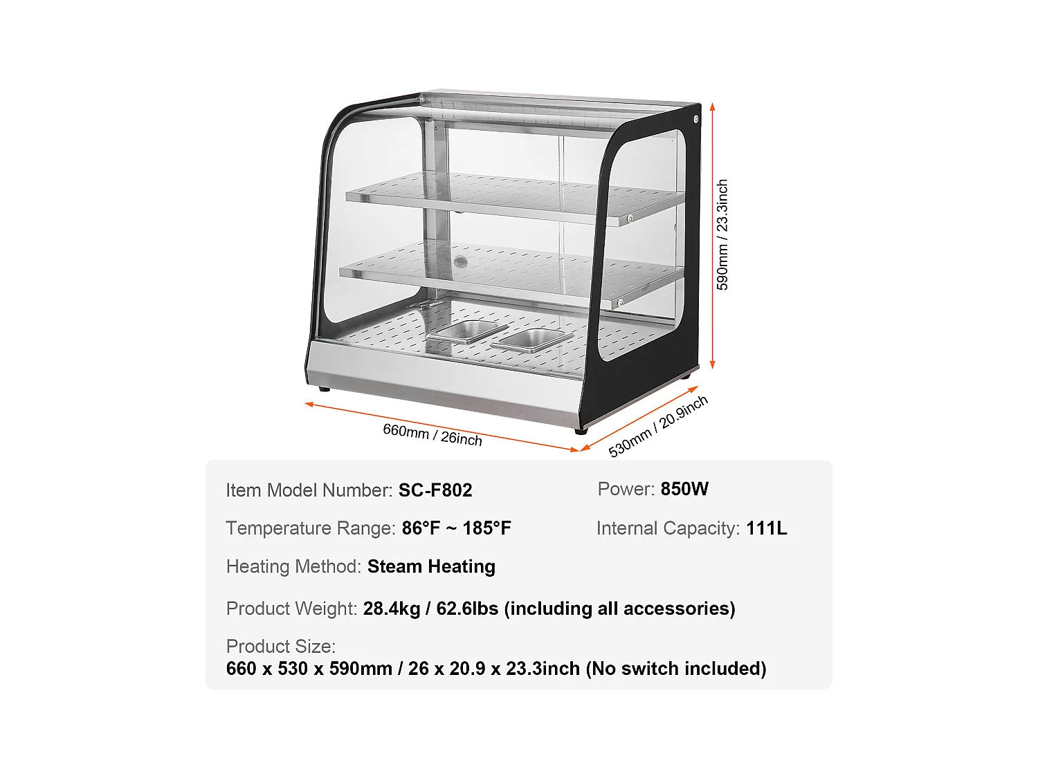 Vitrine Chauffante SucceBuy, Présentoir de Comptoir Chauffant Commercial à 2 Niveaux avec Pince pour Pizza, Contrôle de la Température de 30 ℃ à 85 ℃