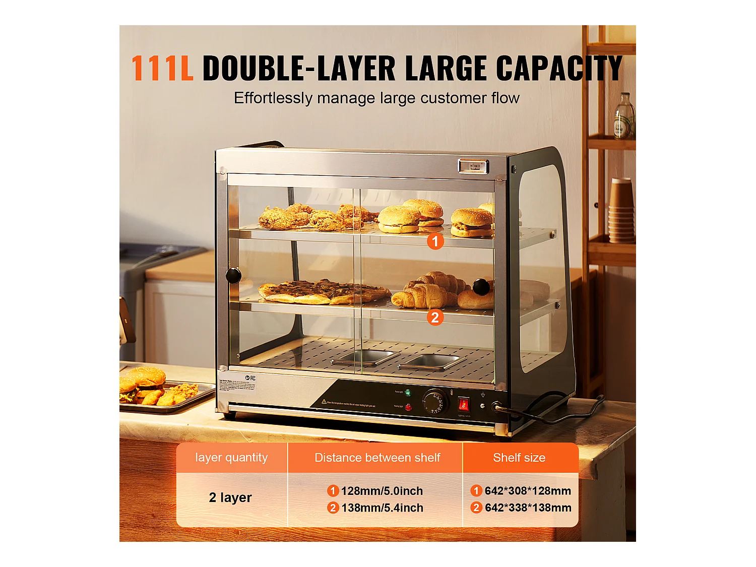 Vitrine Chauffante SucceBuy, Présentoir de Comptoir Chauffant Commercial à 2 Niveaux avec Pince pour Pizza, Contrôle de la Température de 30 ℃ à 85 ℃