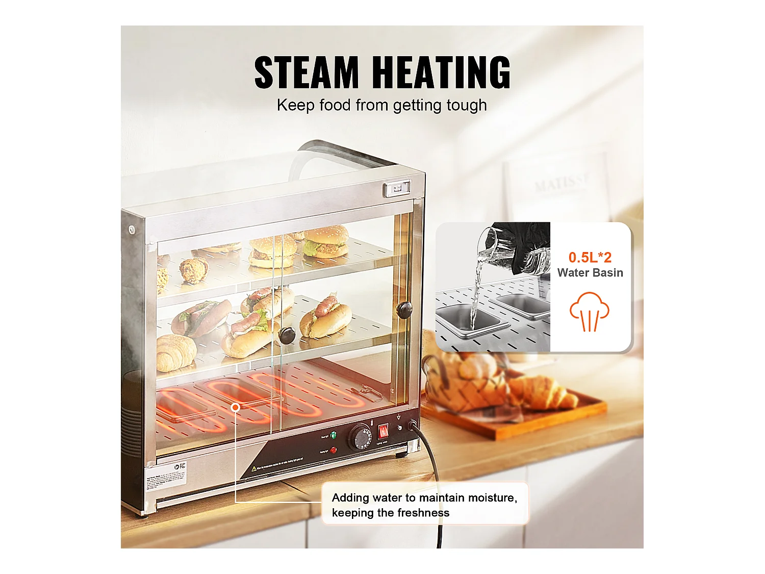 Vitrine Chauffante SucceBuy, Présentoir de Comptoir Chauffant Commercial à 2 Niveaux avec Pince pour Pizza, Contrôle de la Température de 30 ℃ à 85 ℃