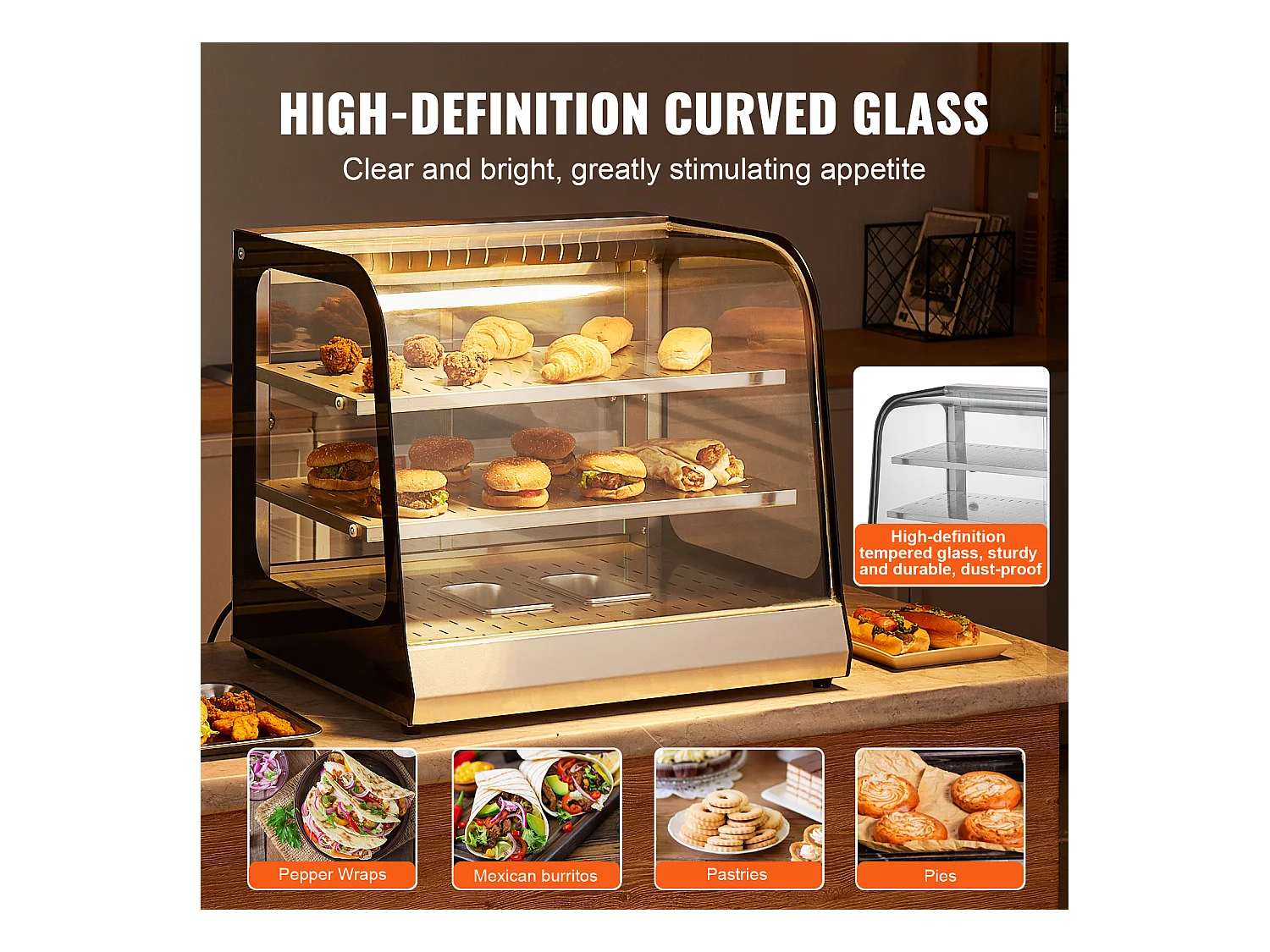 Vitrine Chauffante SucceBuy, Présentoir de Comptoir Chauffant Commercial à 2 Niveaux avec Pince pour Pizza, Contrôle de la Température de 30 ℃ à 85 ℃