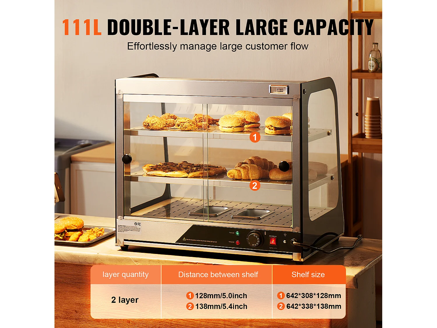 Vitrine Chauffante SucceBuy, Présentoir de Comptoir Chauffant Commercial à 2 Niveaux avec Pince pour Pizza, Contrôle de la Température de 30 ℃ à 85 ℃