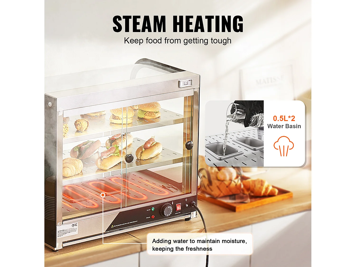 Vitrine Chauffante SucceBuy, Présentoir de Comptoir Chauffant Commercial à 2 Niveaux avec Pince pour Pizza, Contrôle de la Température de 30 ℃ à 85 ℃