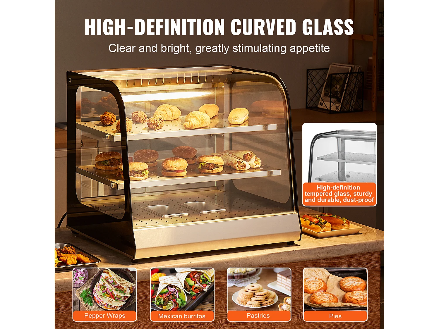 Vitrine Chauffante SucceBuy, Présentoir de Comptoir Chauffant Commercial à 2 Niveaux avec Pince pour Pizza, Contrôle de la Température de 30 ℃ à 85 ℃