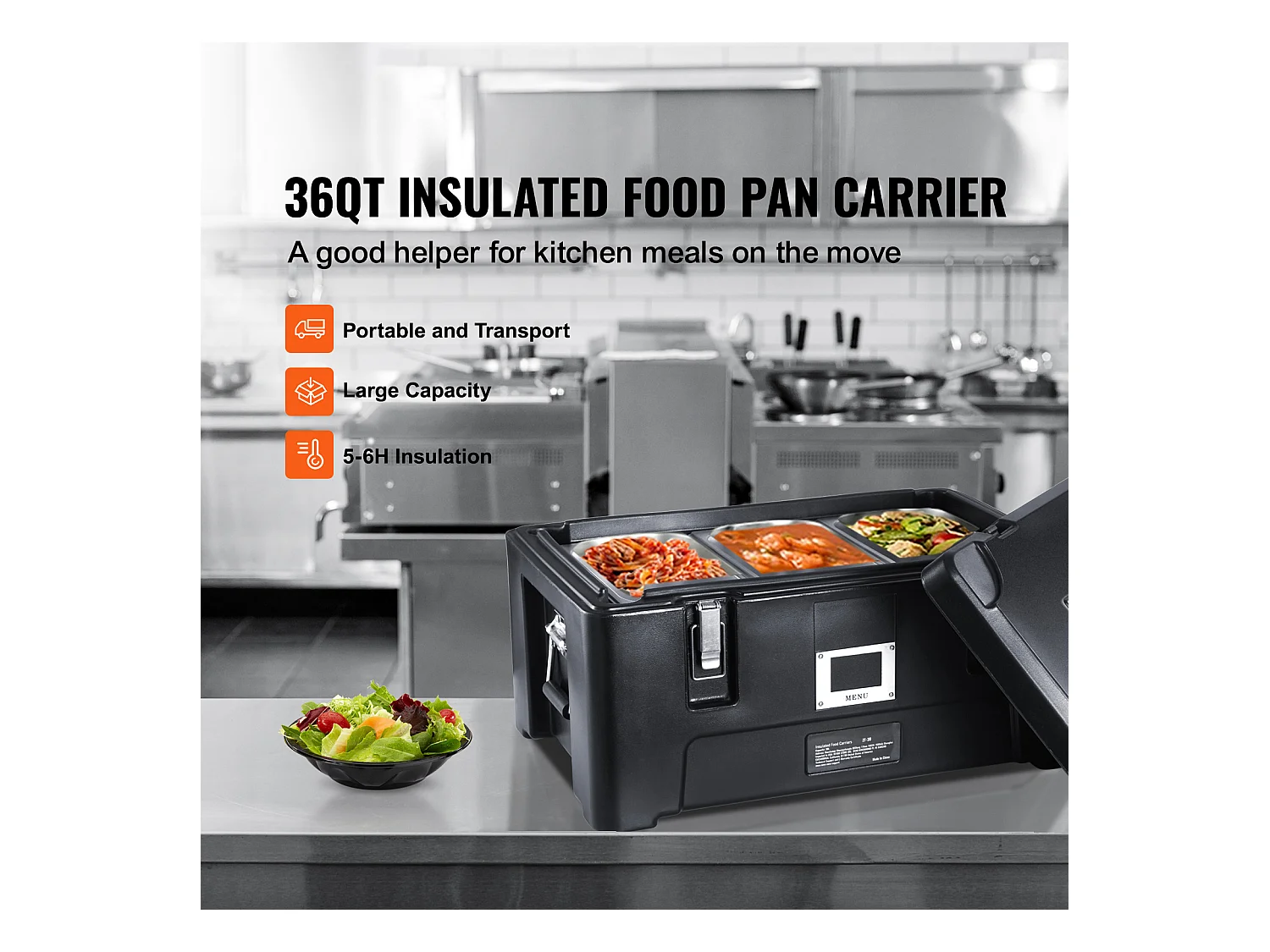 Boîte de Transport Isolé SucceBuy, Porte-Plateau Isolé, Chargement Supérieur Empilable de 34 L, avec 3 poêles, noir